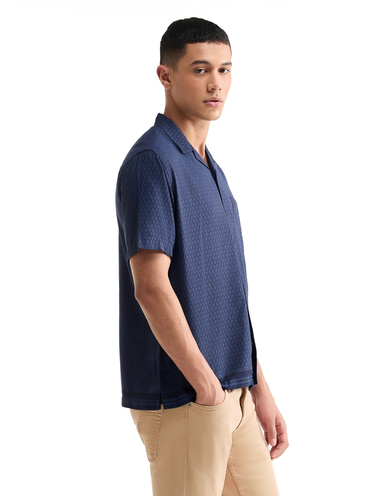 Printed Half Sleeve Viscose Linen Shirt - Navy t4option_0