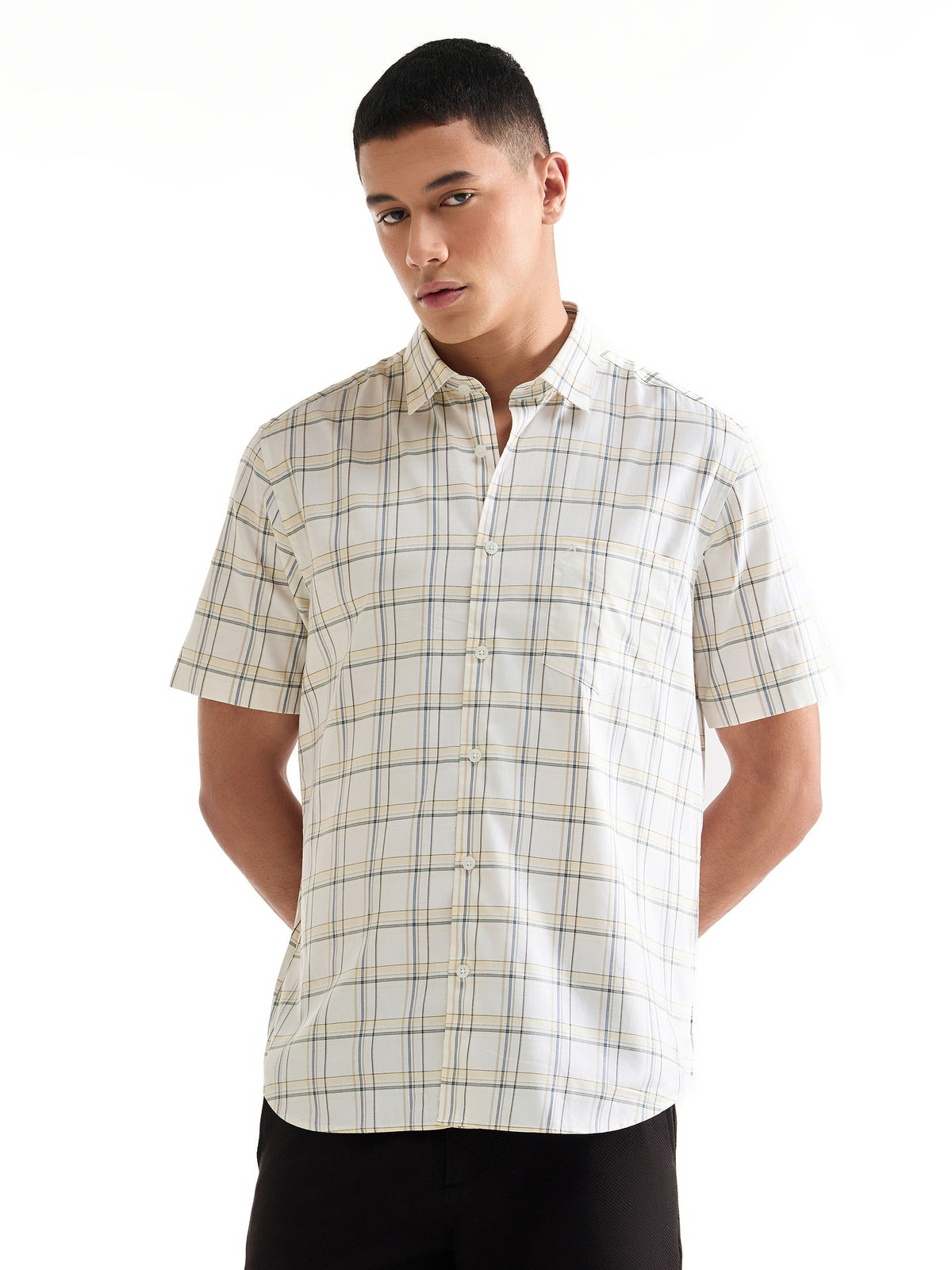 Check Half Sleeve Cotton Shirt - Off White t4option_0