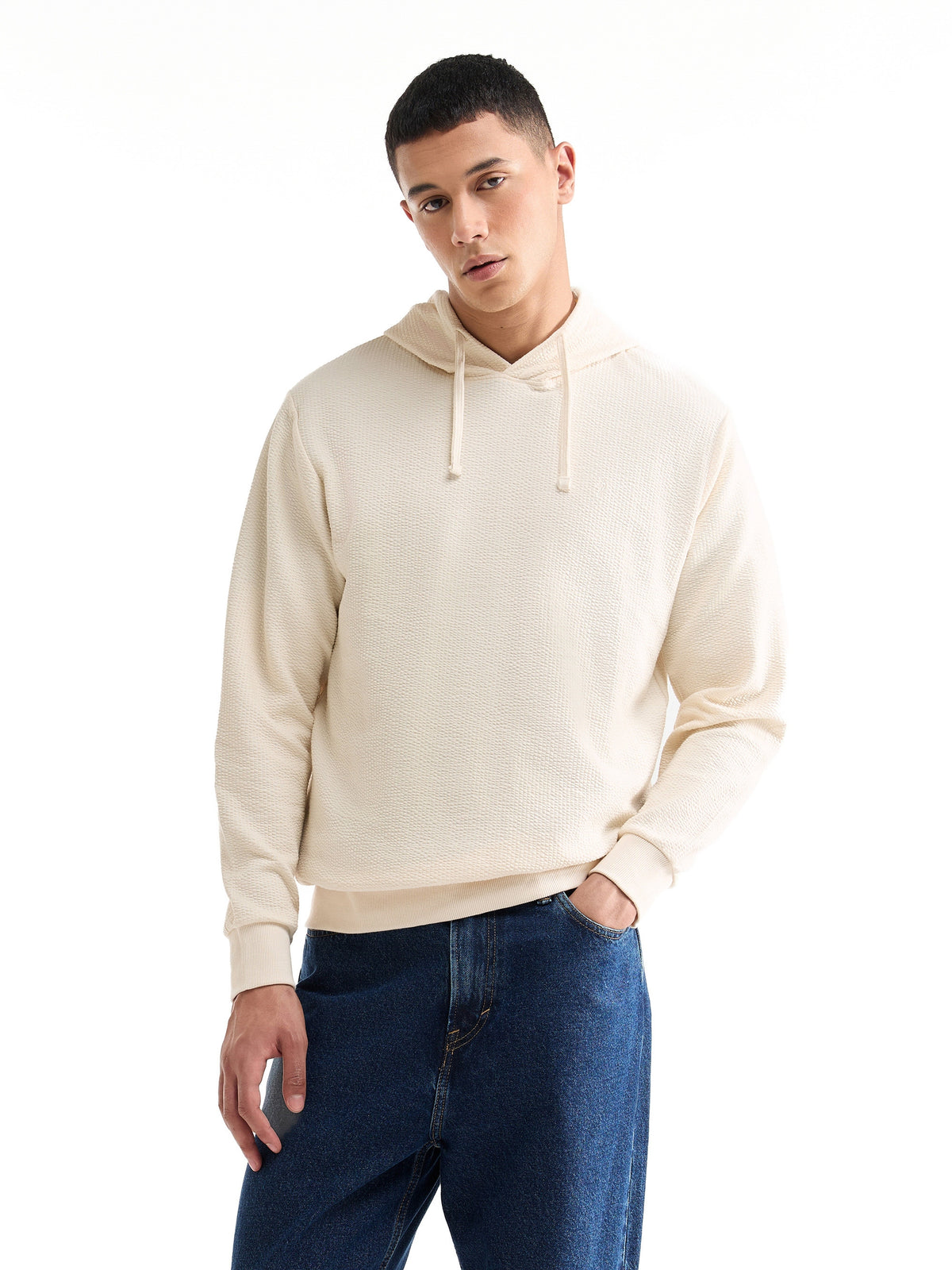 Solid Hoodie Sweatshirt - Ecru t4option_0