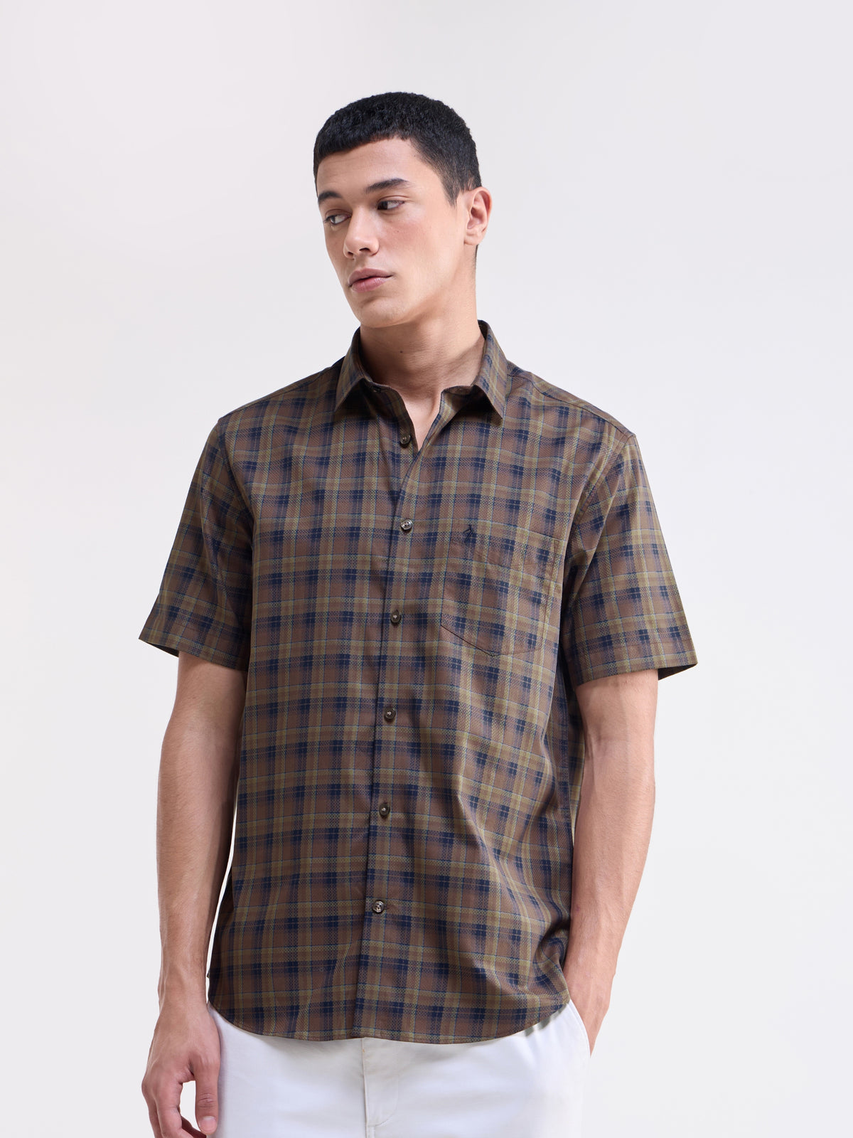 Check Half Sleeve Cotton Shirt - Tabacco t4option_0
