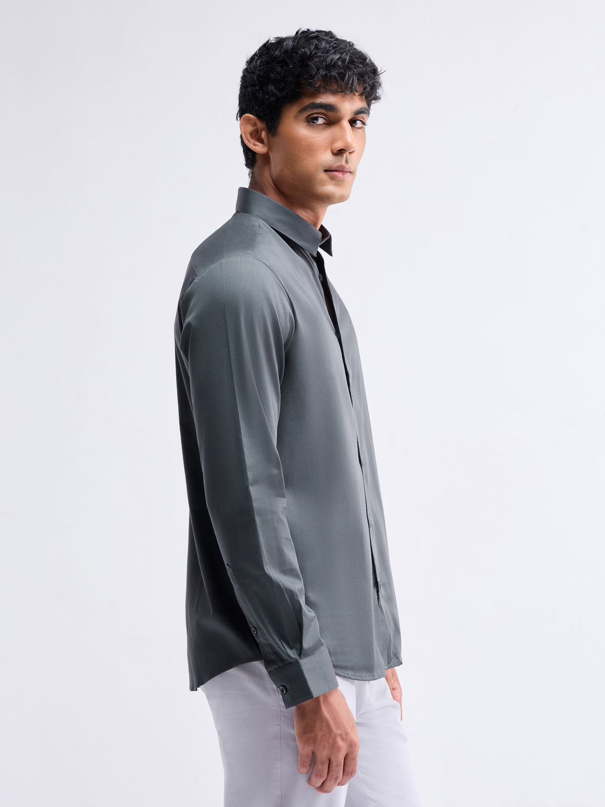Solid Full Sleeve Cotton Stretch Shirt - Dk Grey t4option_0