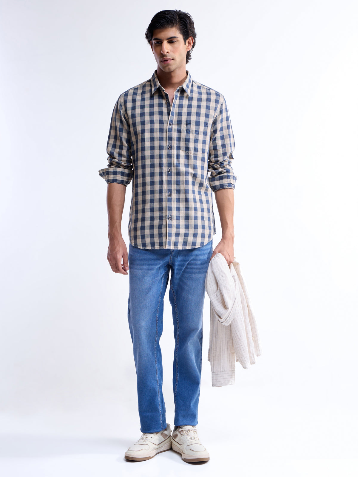 Check Full Sleeve Cotton Linen Shirt - Navy t4option_1