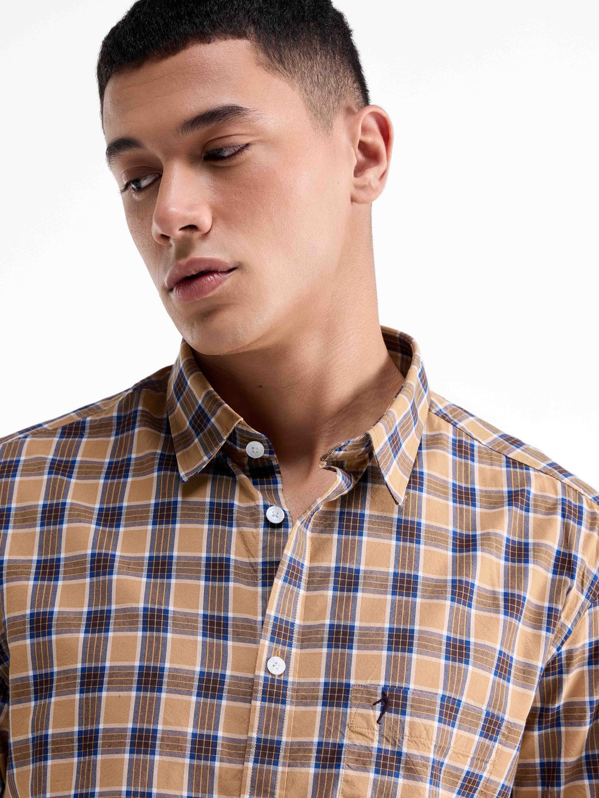 Check Half Sleeve Cotton Viscose Shirt - Khaki t4option_0