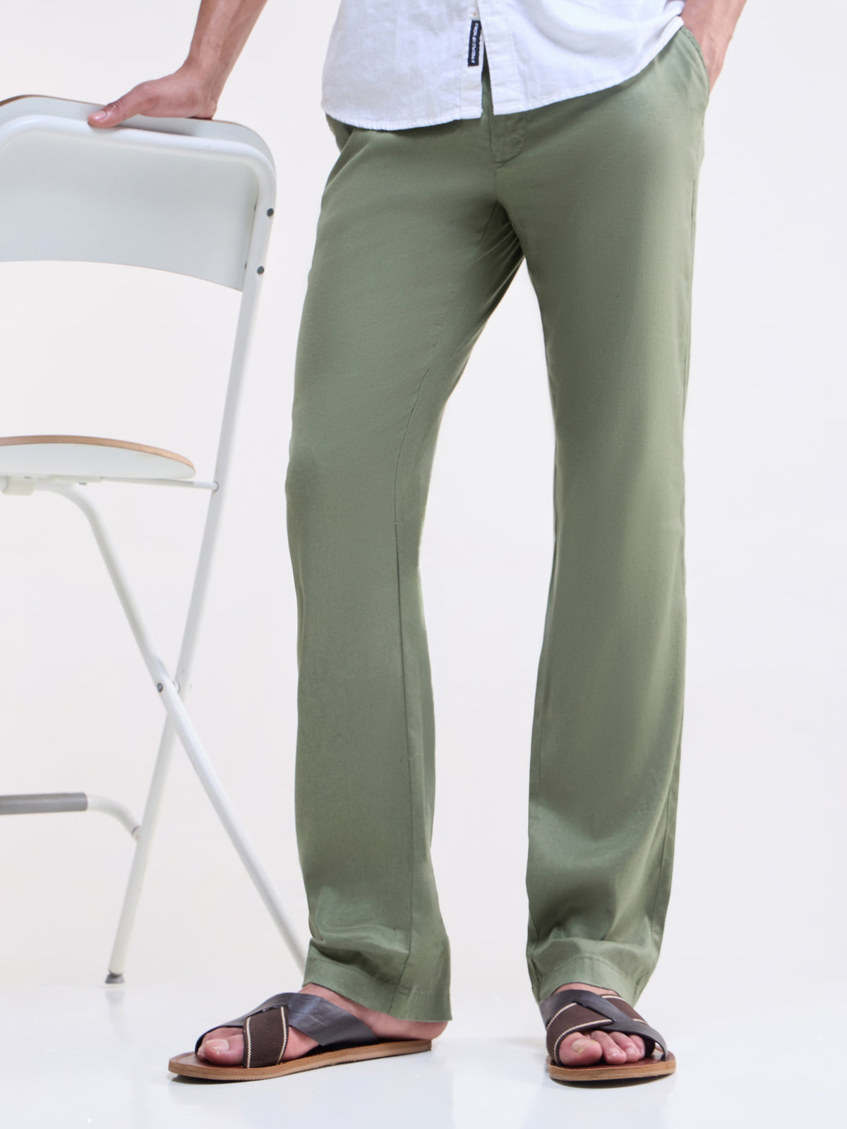 Regular Fit Linen Blend Trouser - Olive t4option_1
