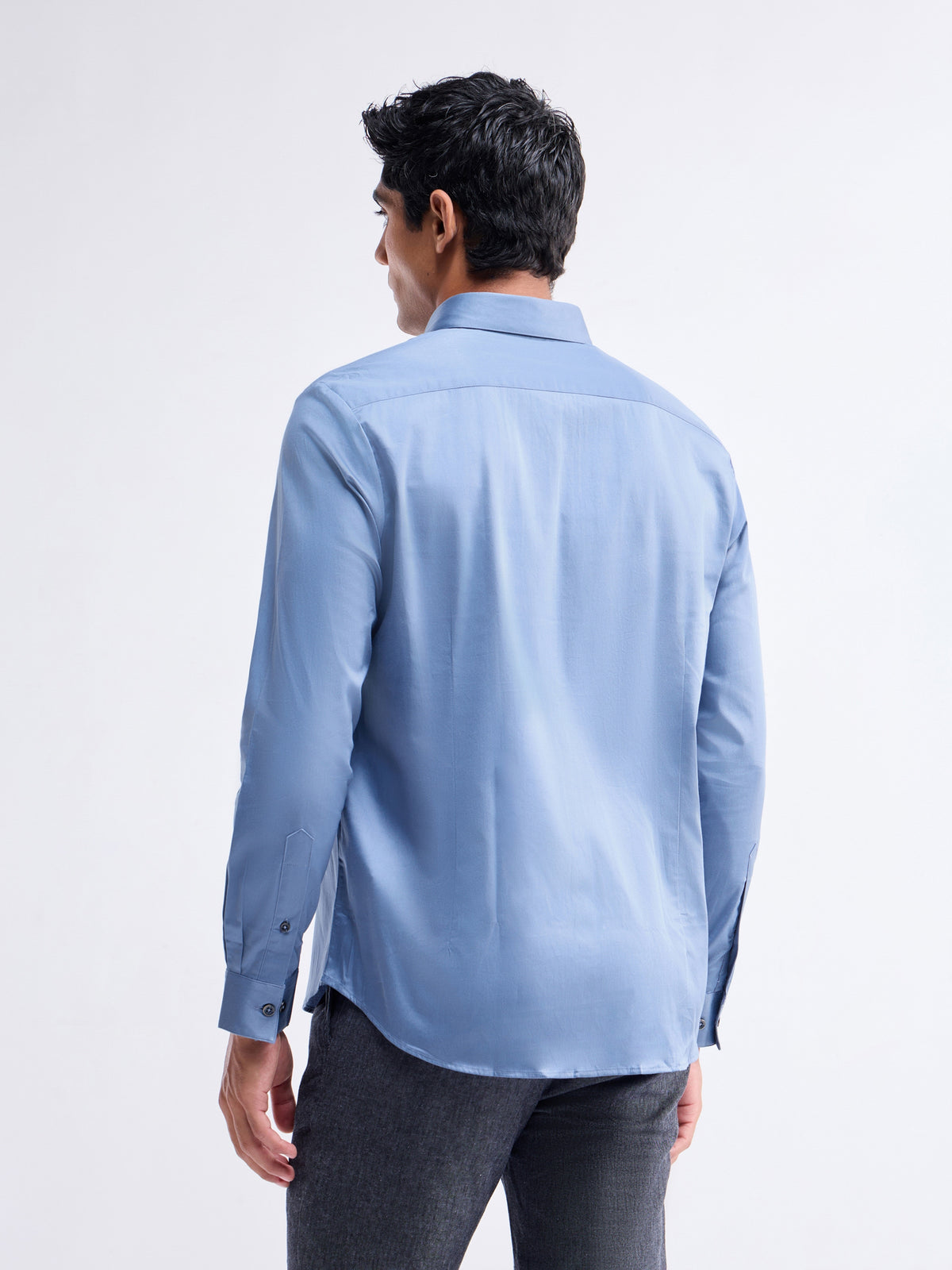 Solid Full Sleeve Cotton Stretch Shirt - Blue t4option_3