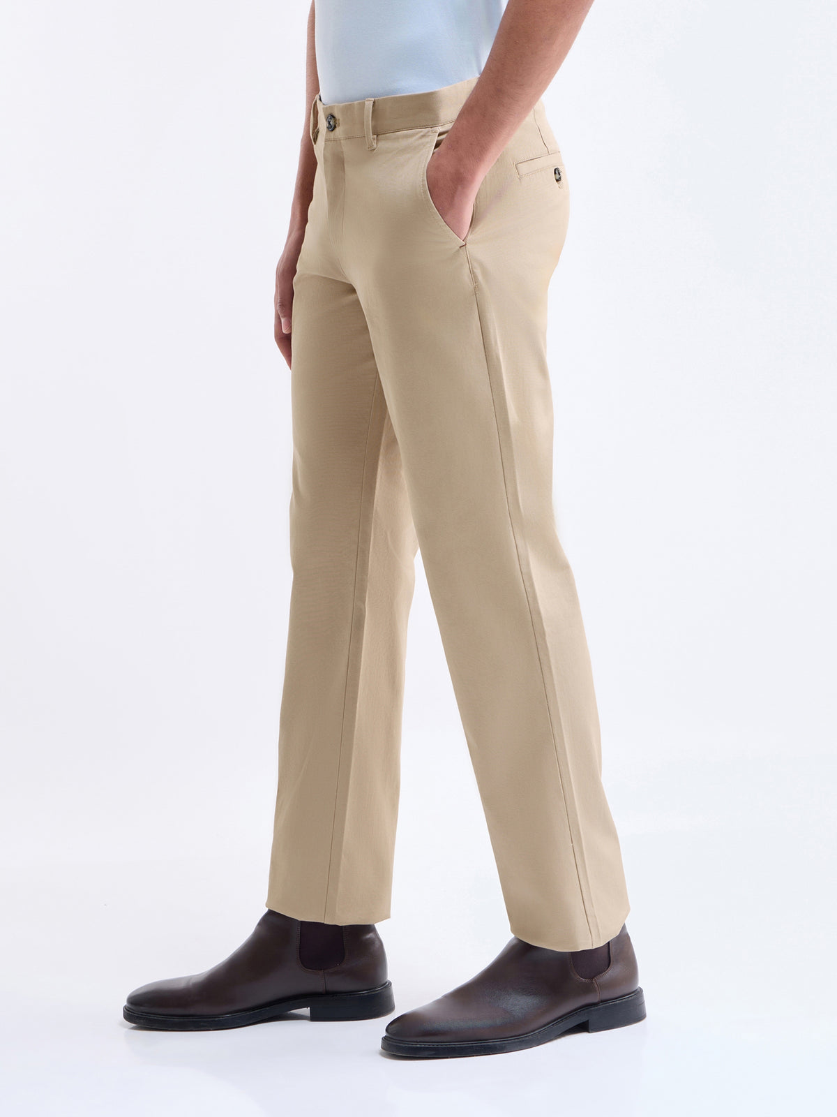 Regular Fit Cotton Stretch Trouser - Lt Khaki t4option_1
