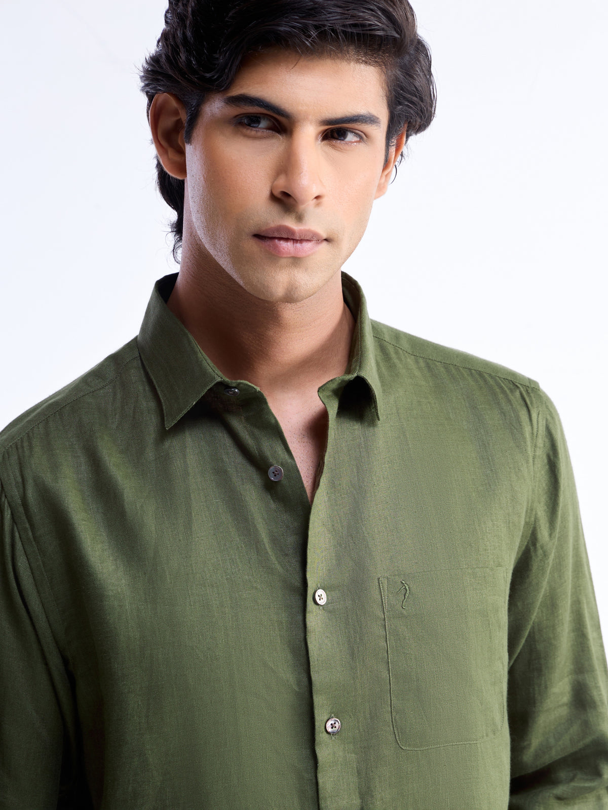 Solid Full Sleeve Linen Shirt - Olive t4option_0