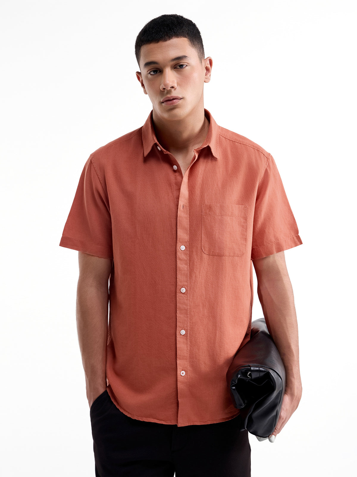 Solid Half Sleeve Cotton Linen Shirt - Rust t4option_4