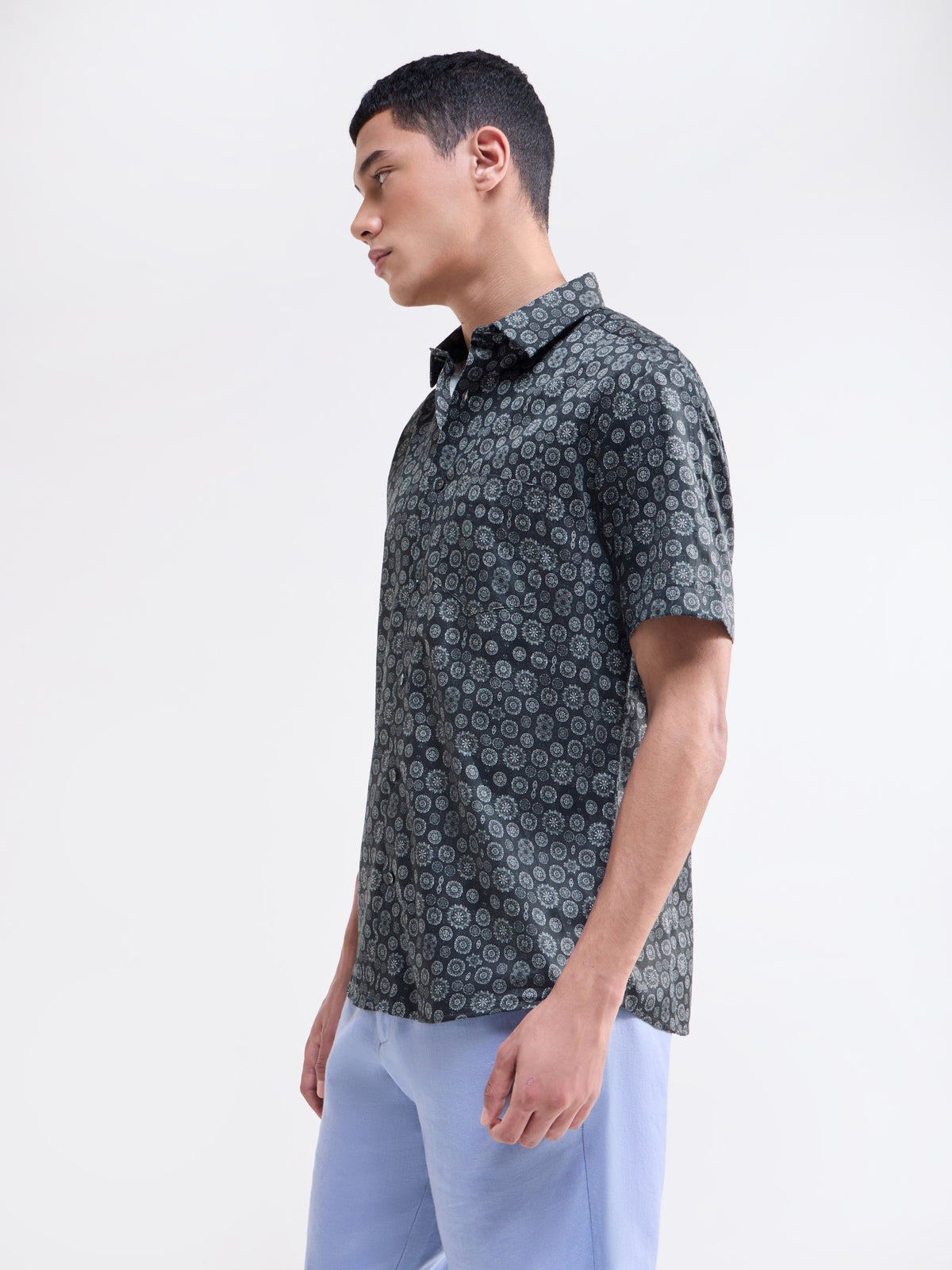 Printed Half Sleeve Cotton Shirt - Grey t4option_0