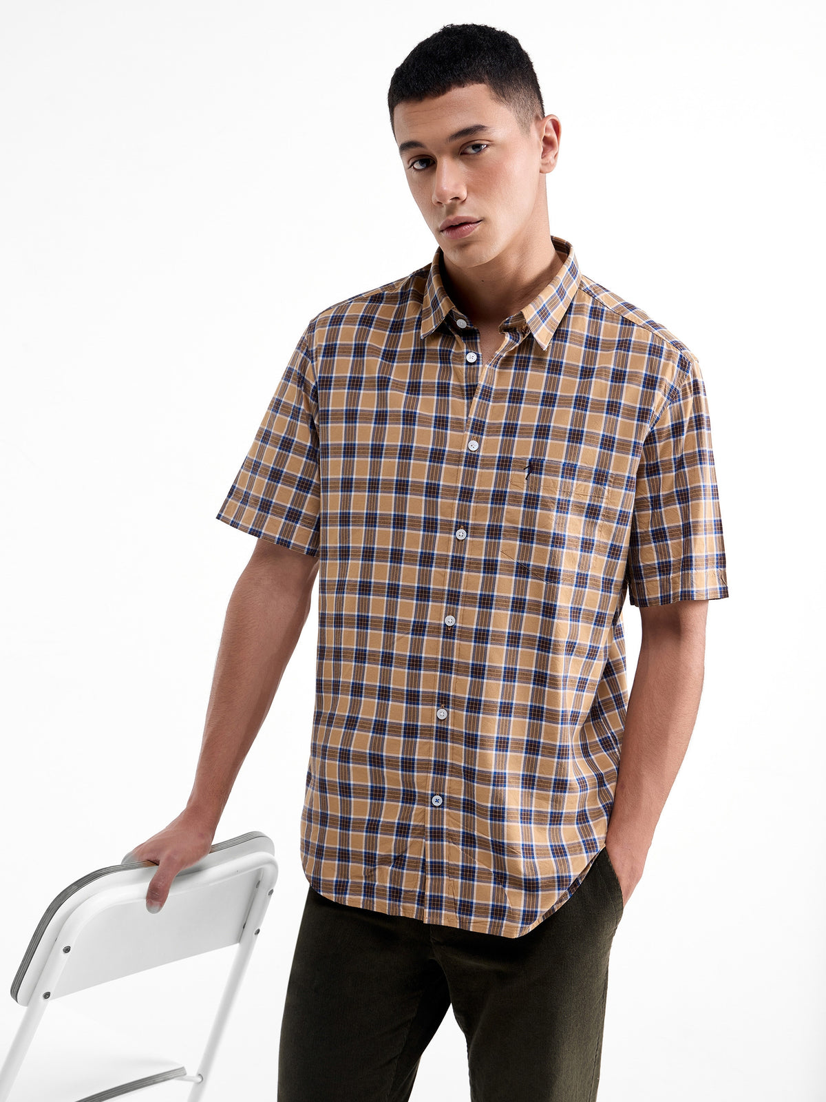 Check Half Sleeve Cotton Viscose Shirt - Khaki t4option_0