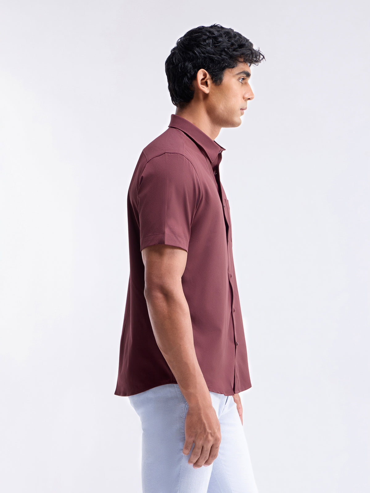 Solid Half Sleeve Poly Blend Shirt - Burgundy t4option_0
