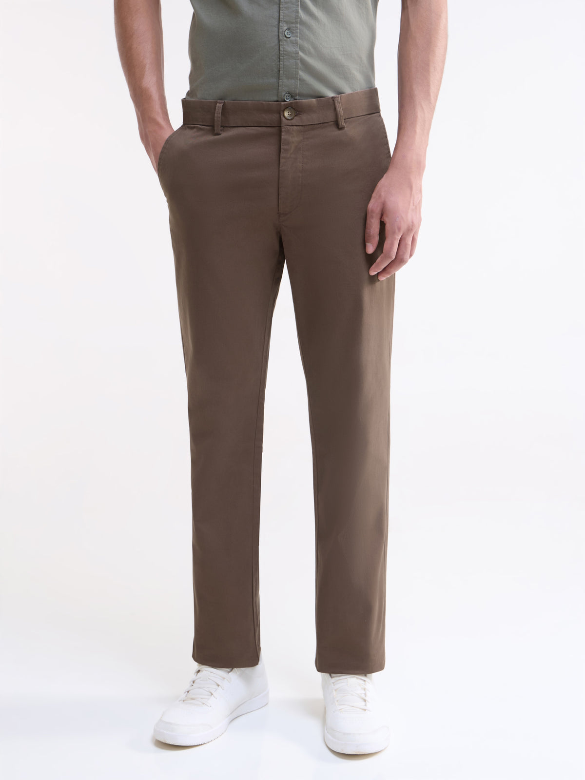 Twill Regular Fit Cotton Stretch Trouser - Brown t4option_1