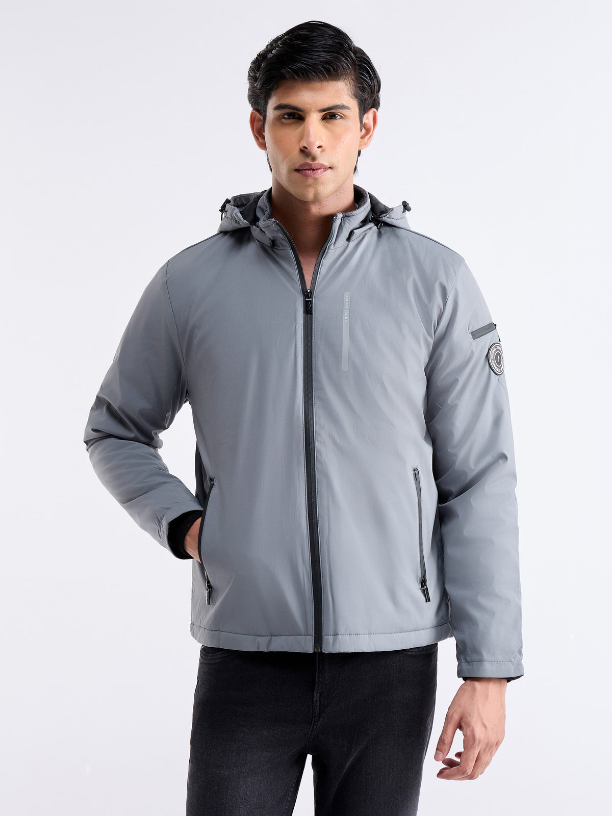 Solid Full Sleeve Biker Jacket - Grey t4option_0