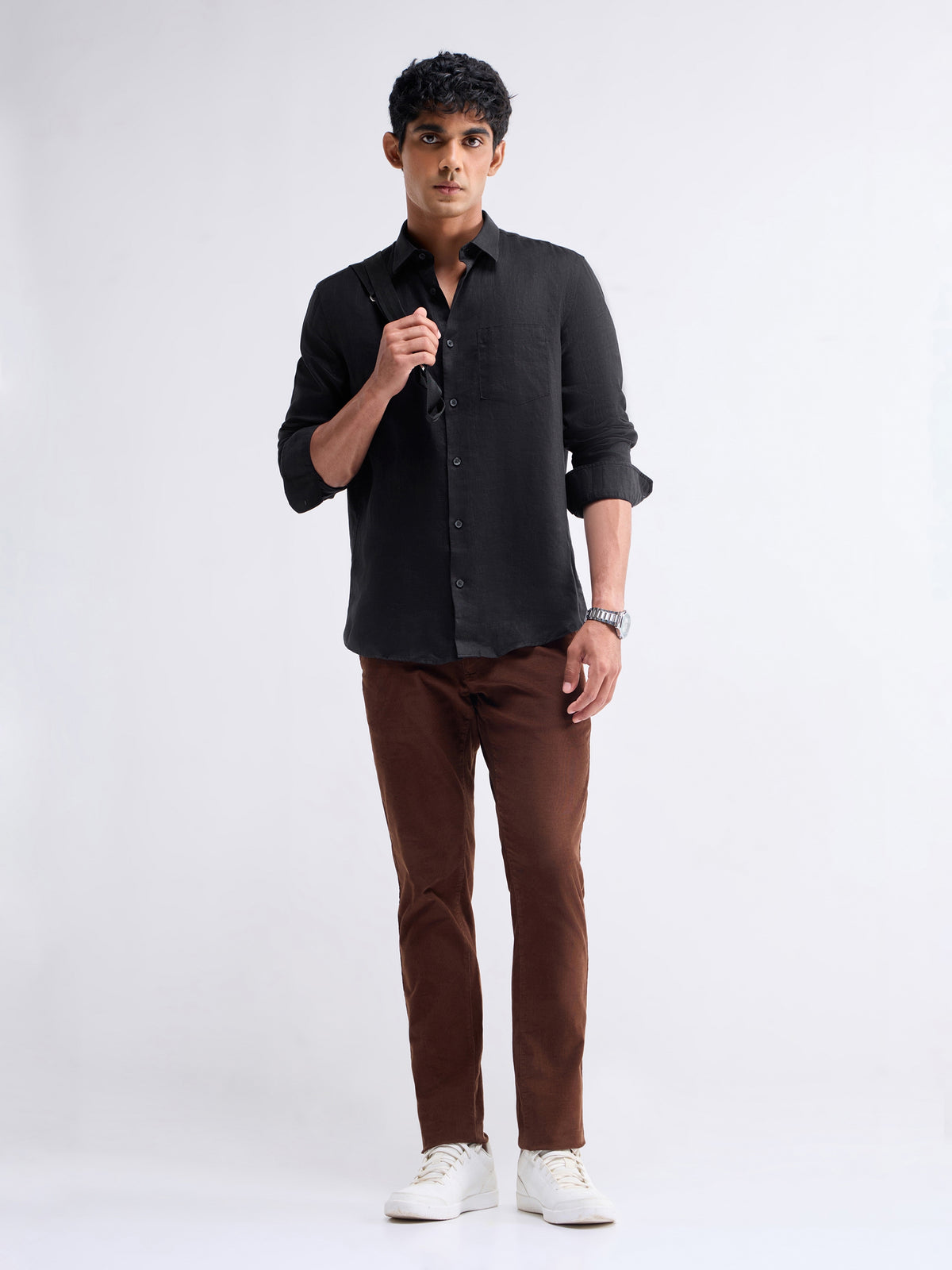 Solid Full Sleeve Linen Shirt - Black t4option_1