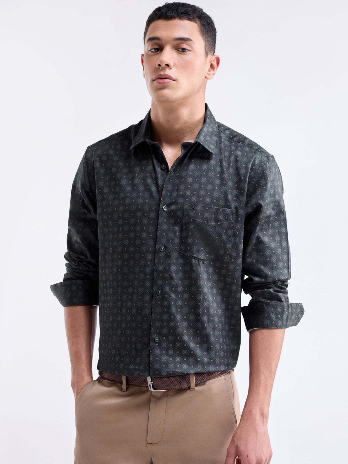 Printed Full Sleeve Cotton Shirt - Pine t4option_1