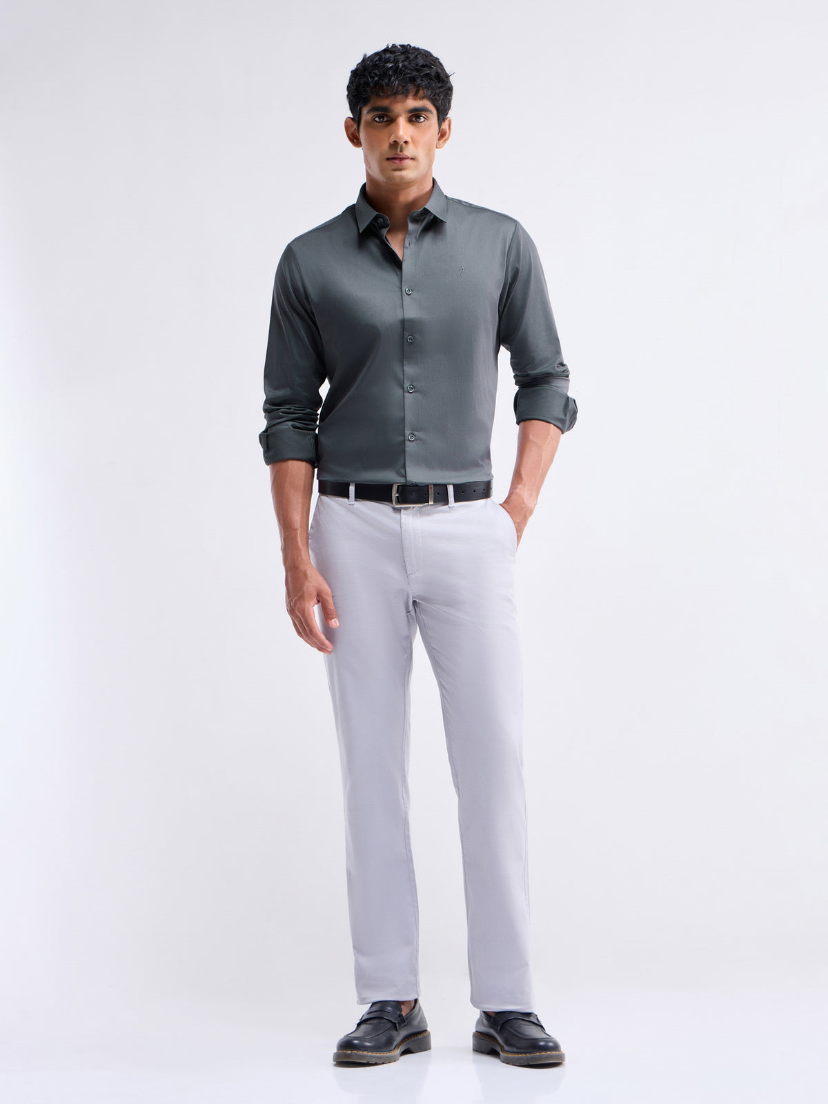 Solid Full Sleeve Cotton Stretch Shirt - Dk Grey t4option_0