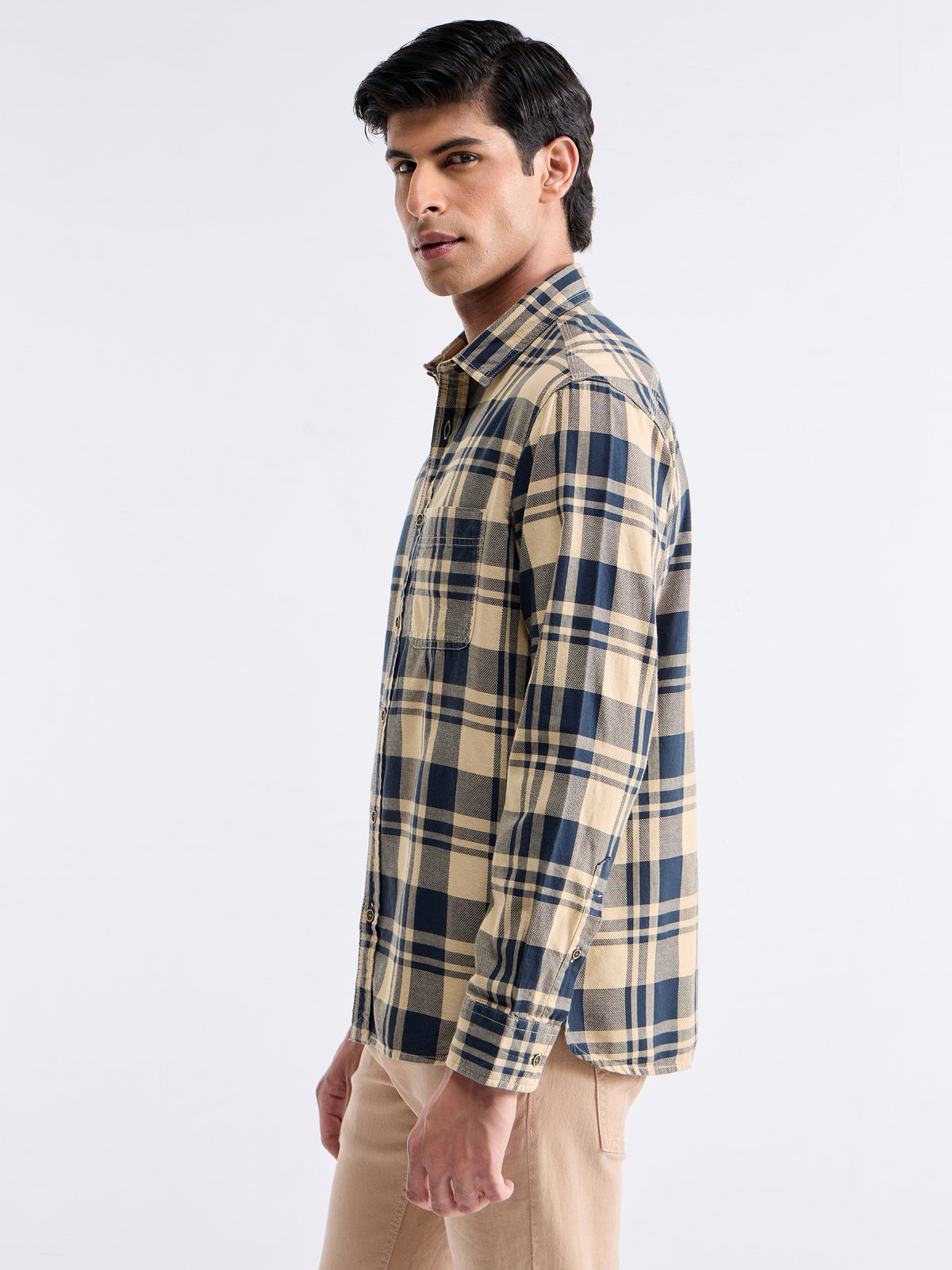 Check Full Sleeve Cotton Shirt - Lt Khaki t4option_0