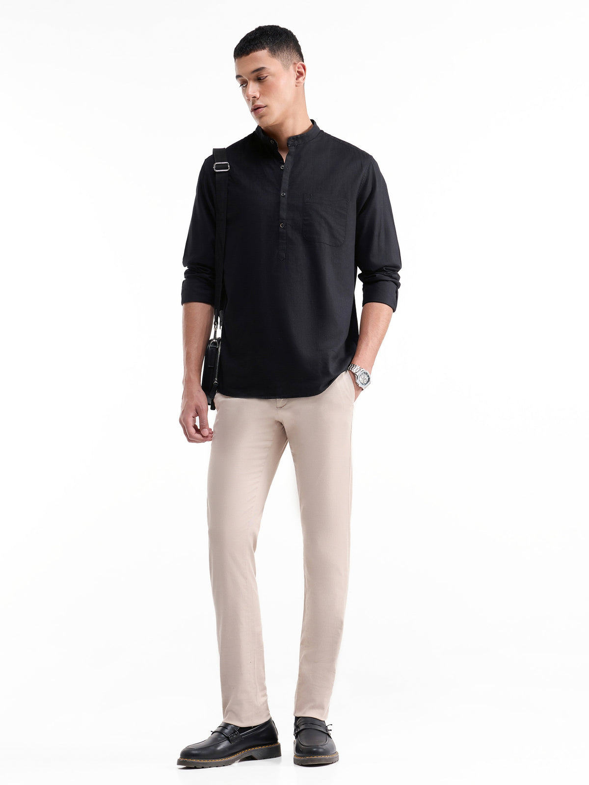 Solid Full Sleeve Cotton Shirt - Black t4option_0