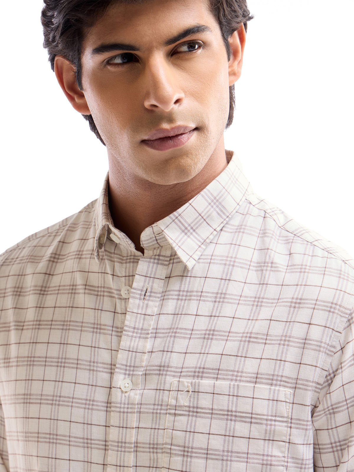 Check Full Sleeve Cotton Shirt - Ecru Mel t4option_0
