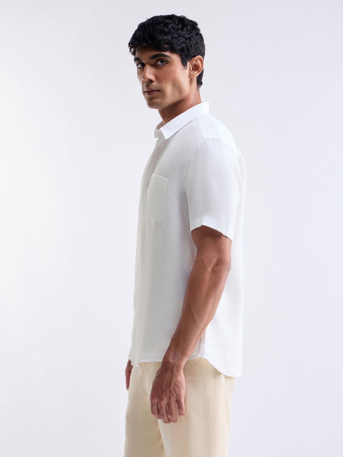 Solid Half Sleeve Linen Shirt - White t4option_0