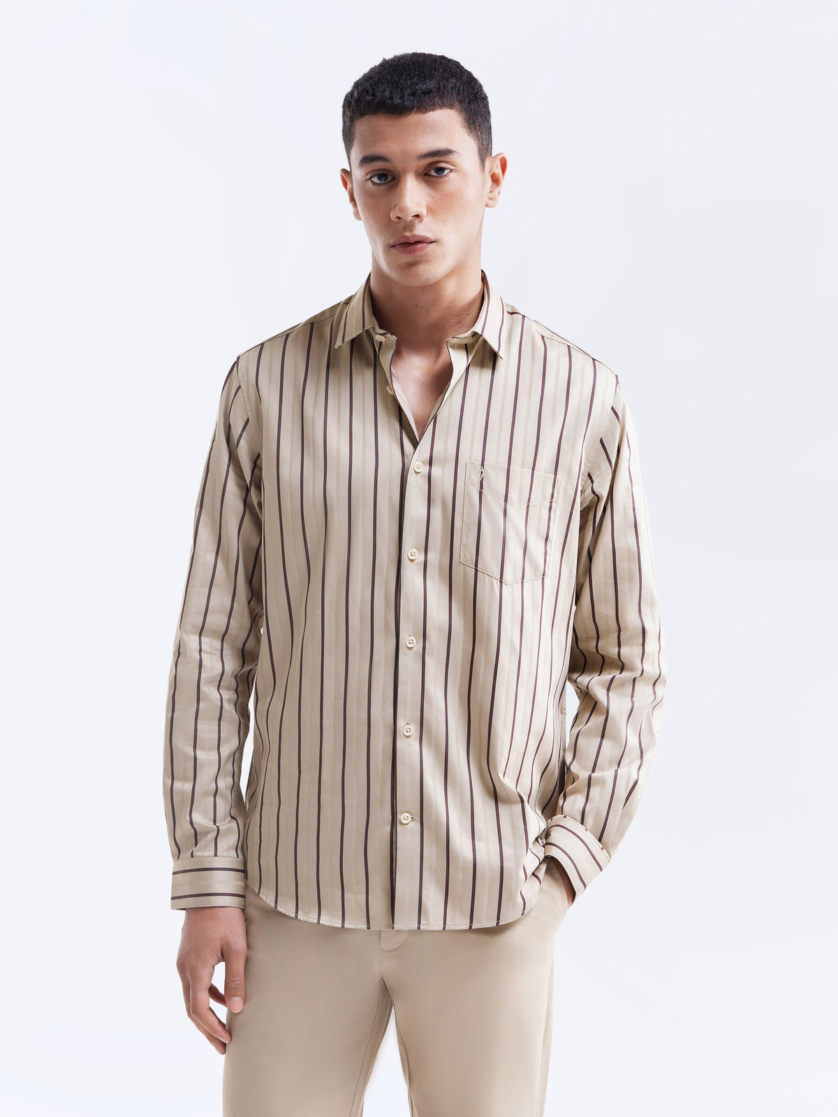 Striped Full Sleeve Cotton Shirt - Beige t4option_0