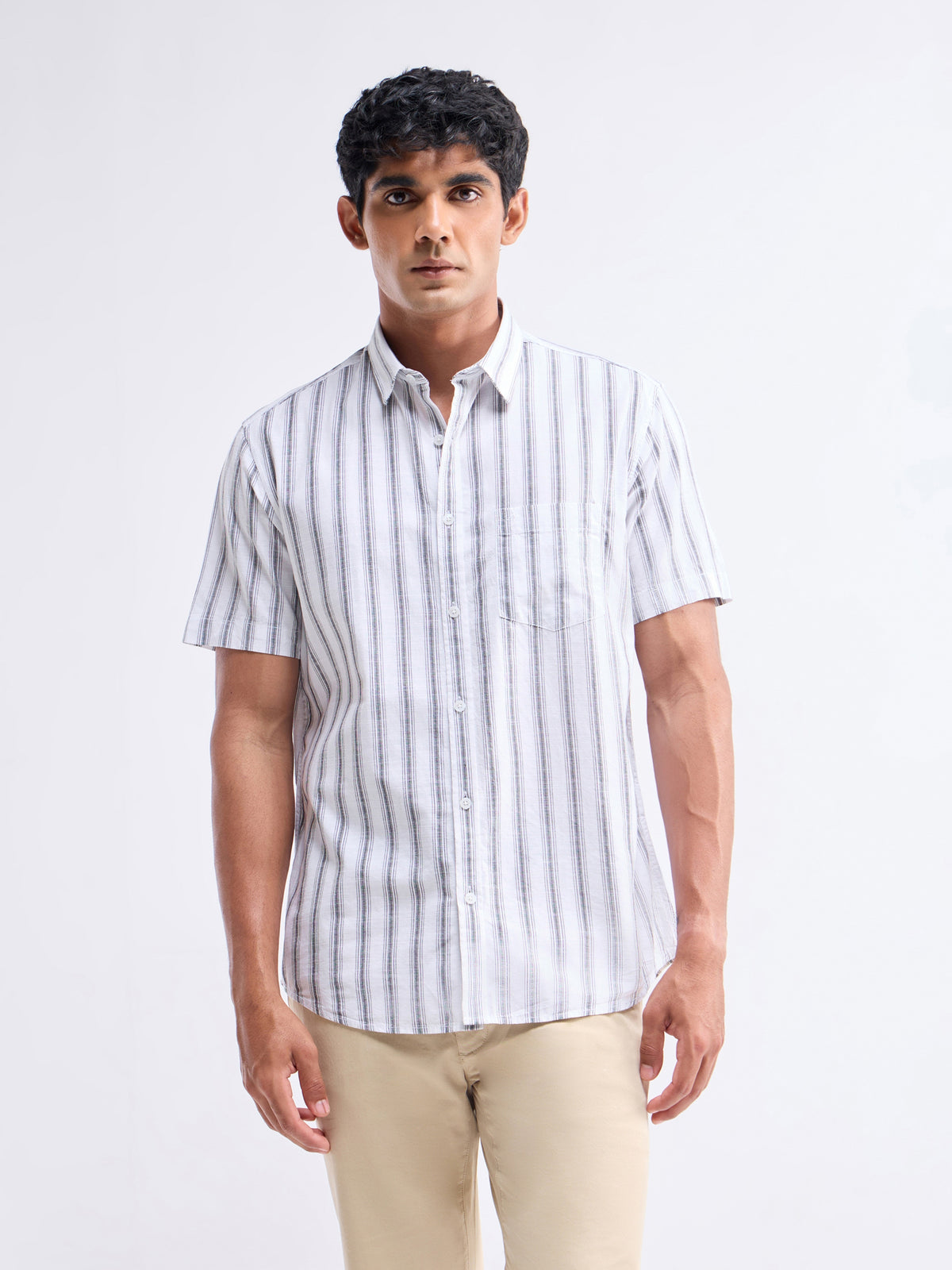 Striped Half Sleeve Cotton Shirt - White t4option_0