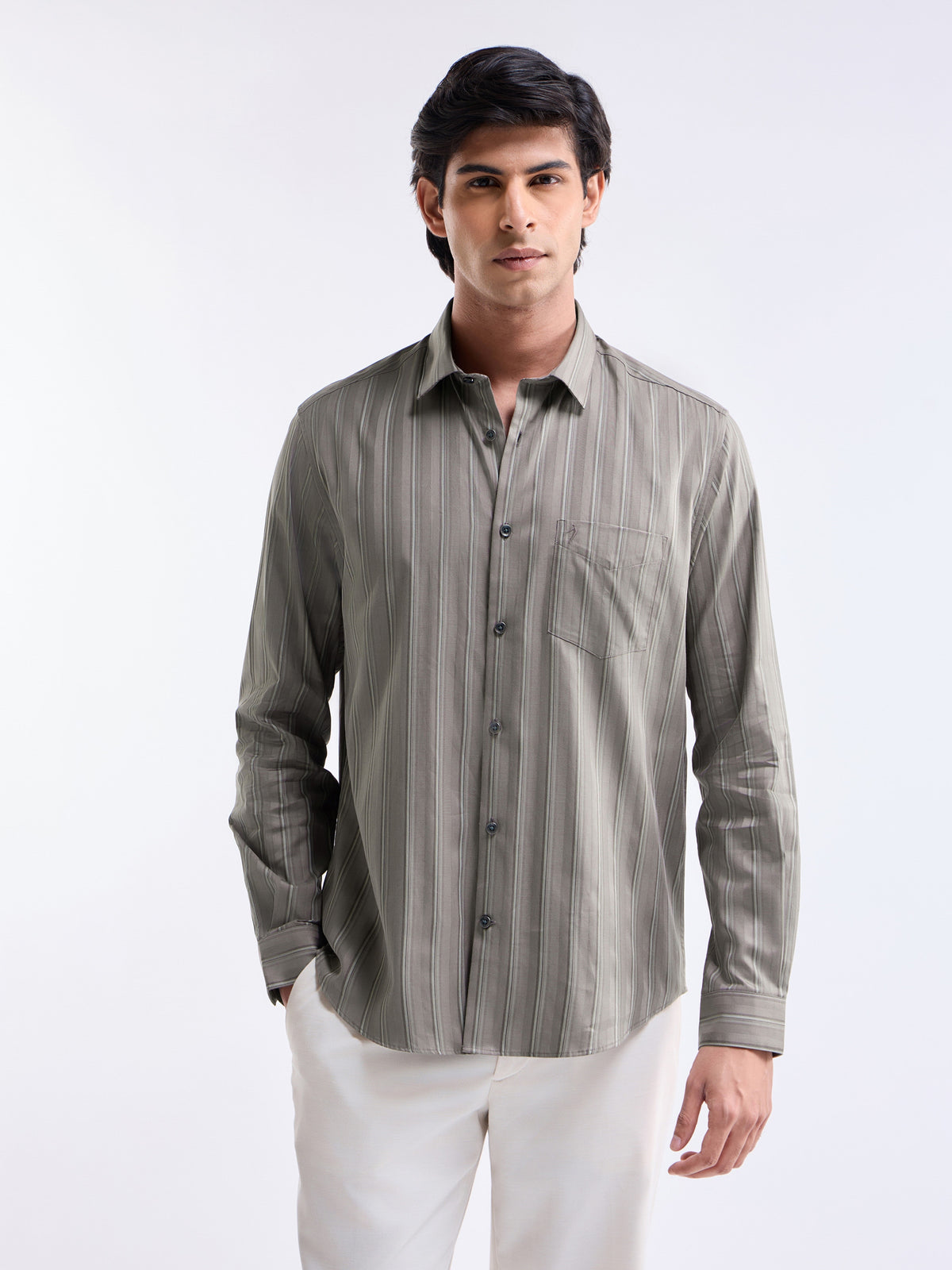 Striped Full Sleeve Cotton Shirt - Lt Brown t4option_1