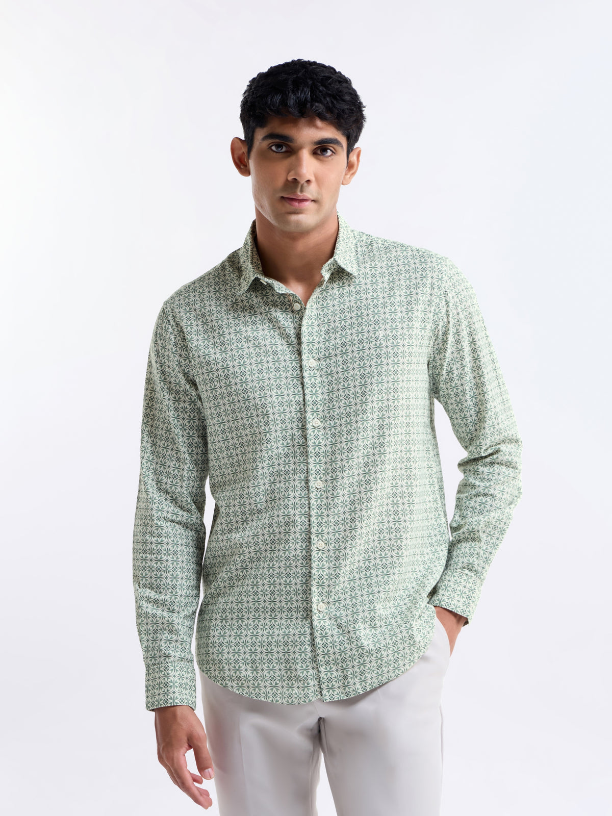 Printed Full Sleeve Cotton Shirt - Lt Green t4option_0