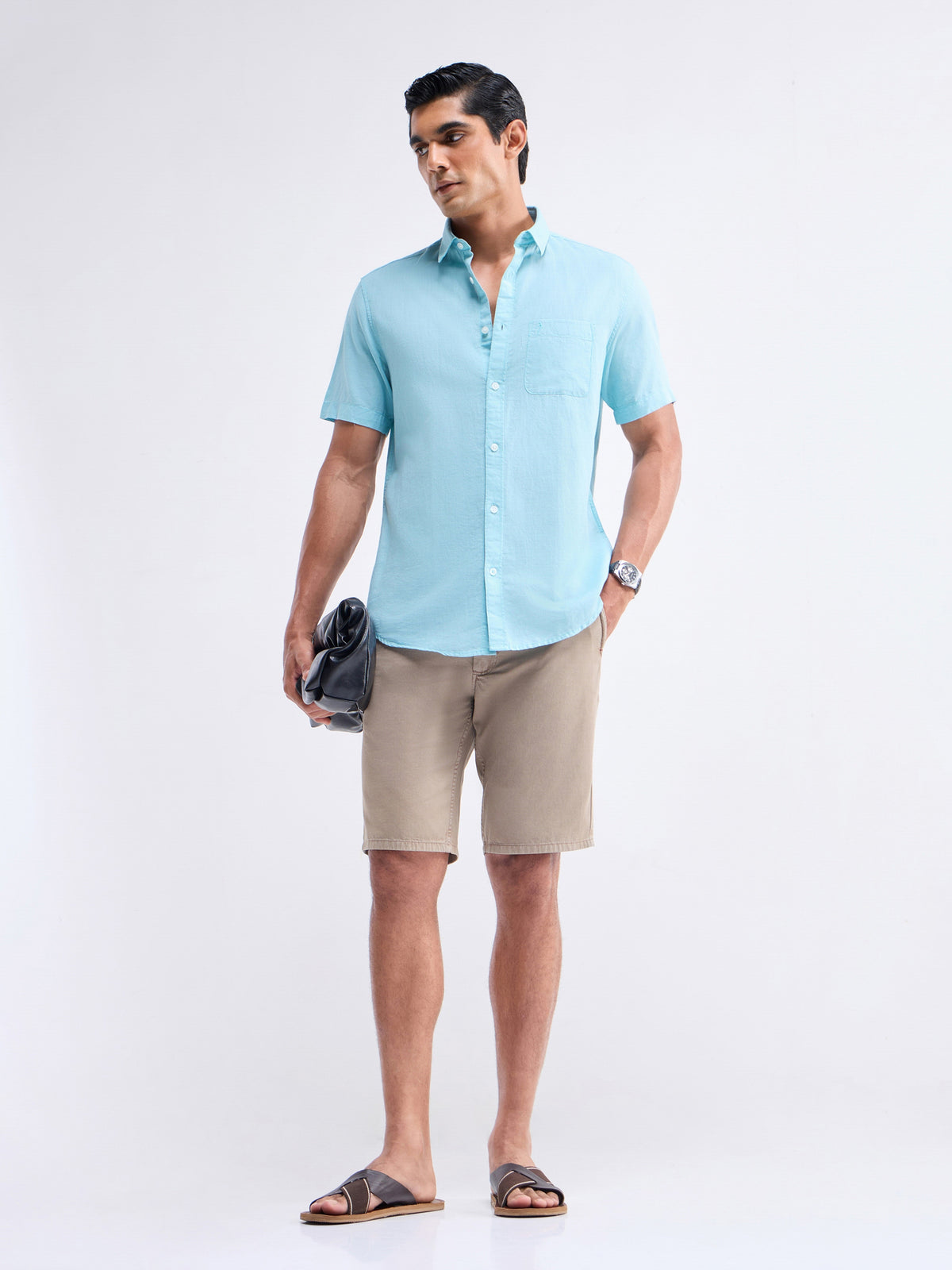 Solid Half Sleeve Cotton Linen Shirt - Aqua t4option_0
