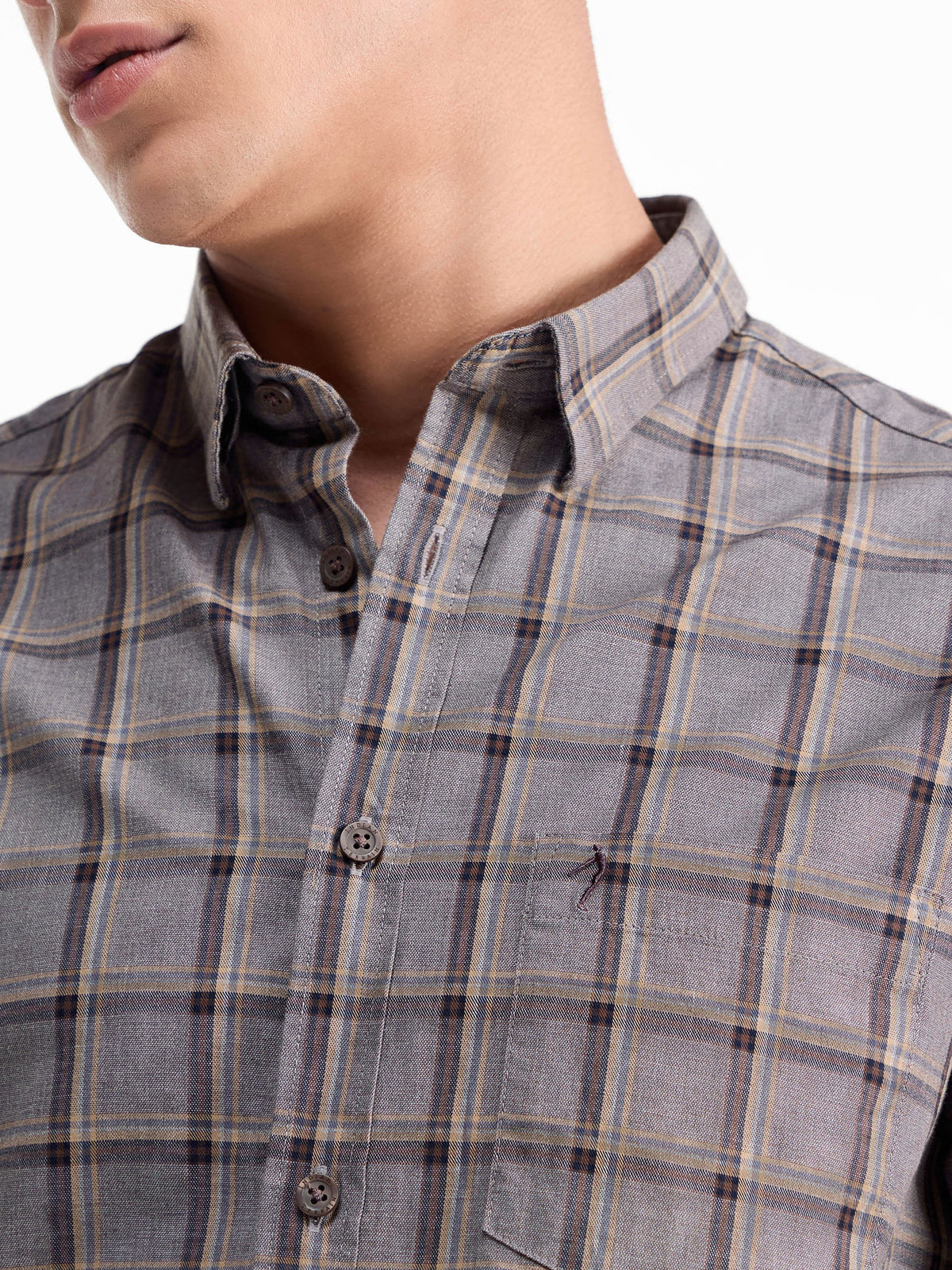 Check Full Sleeve Cotton Shirt - Lt Brown M t4option_0