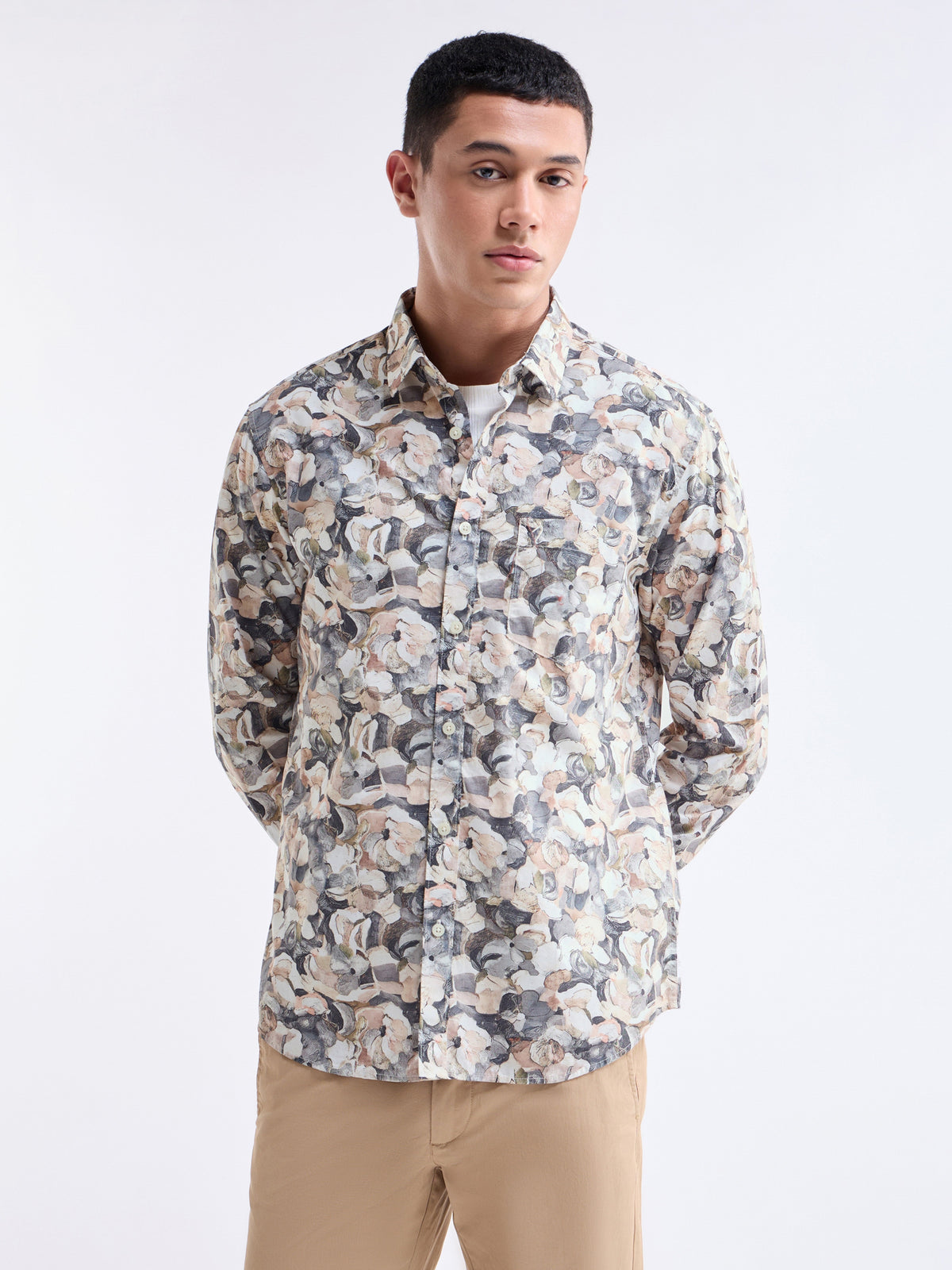 Printed Full Sleeve Cotton Shirt - Gasoline t4option_0