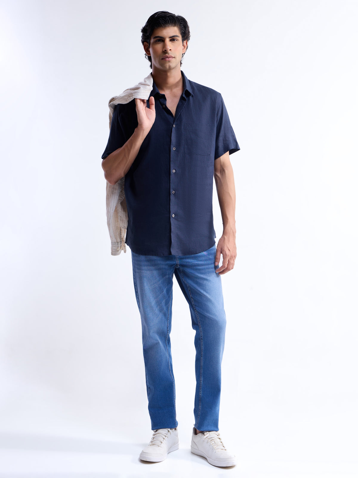 Solid Half Sleeve Linen Shirt - Navy t4option_2