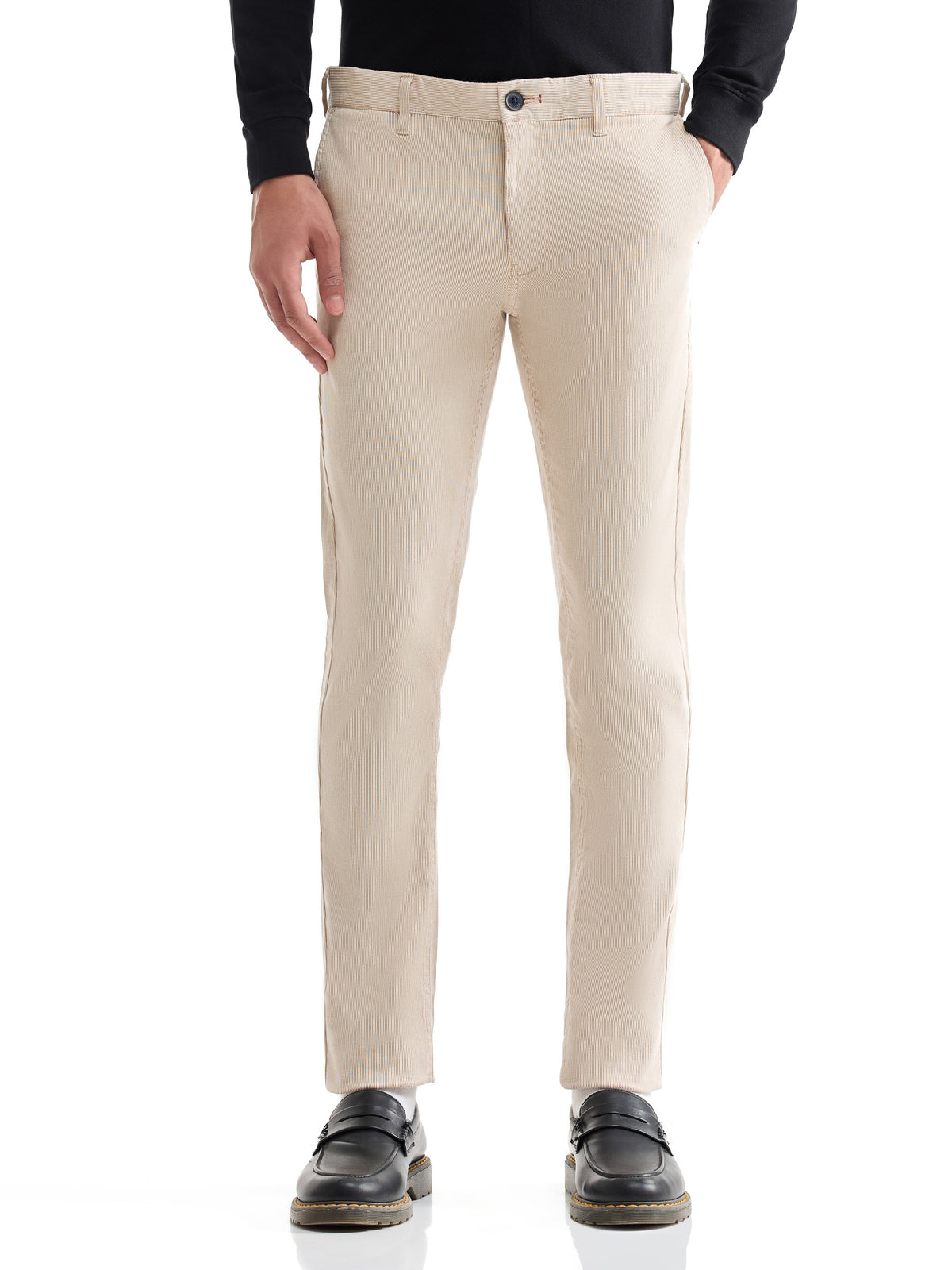 Striped Slim Fit Cotton Trouser - Khaki t4option_0