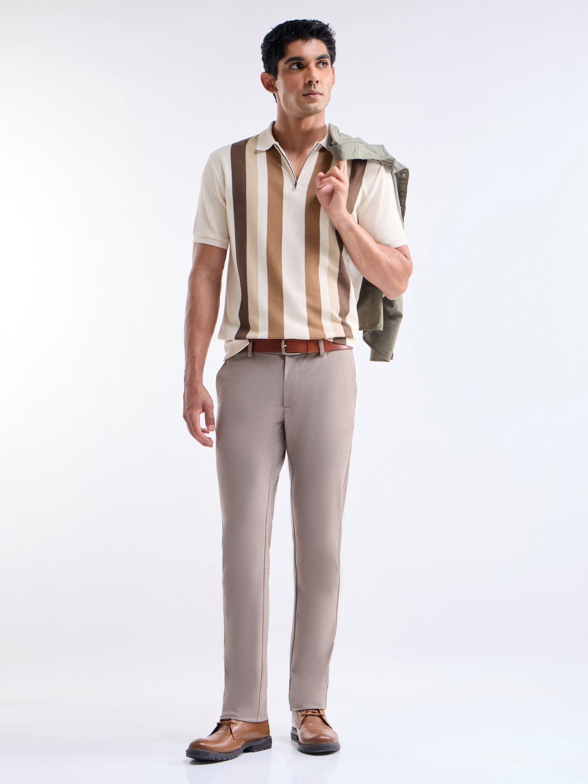 Striped Half Sleeve Regular Fit Polo T-Shirt - Ecru t4option_0