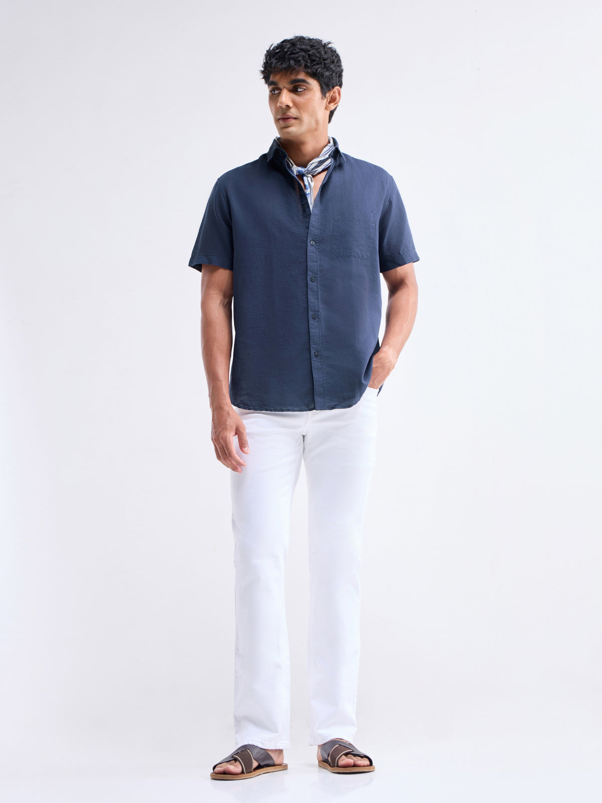 Solid Half Sleeve Cotton Linen Shirt - Navy t4option_3