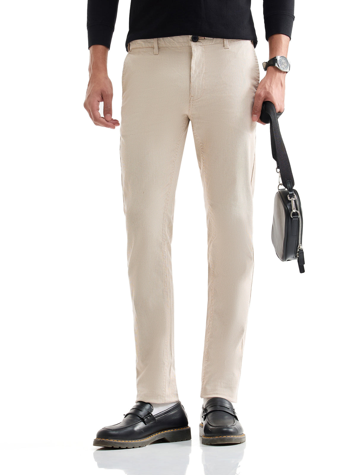 Striped Slim Fit Cotton Trouser - Khaki t4option_0