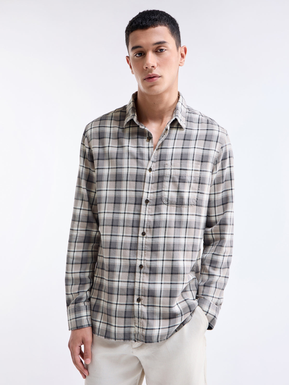 Check Full Sleeve Cotton Shirt - Grey t4option_0