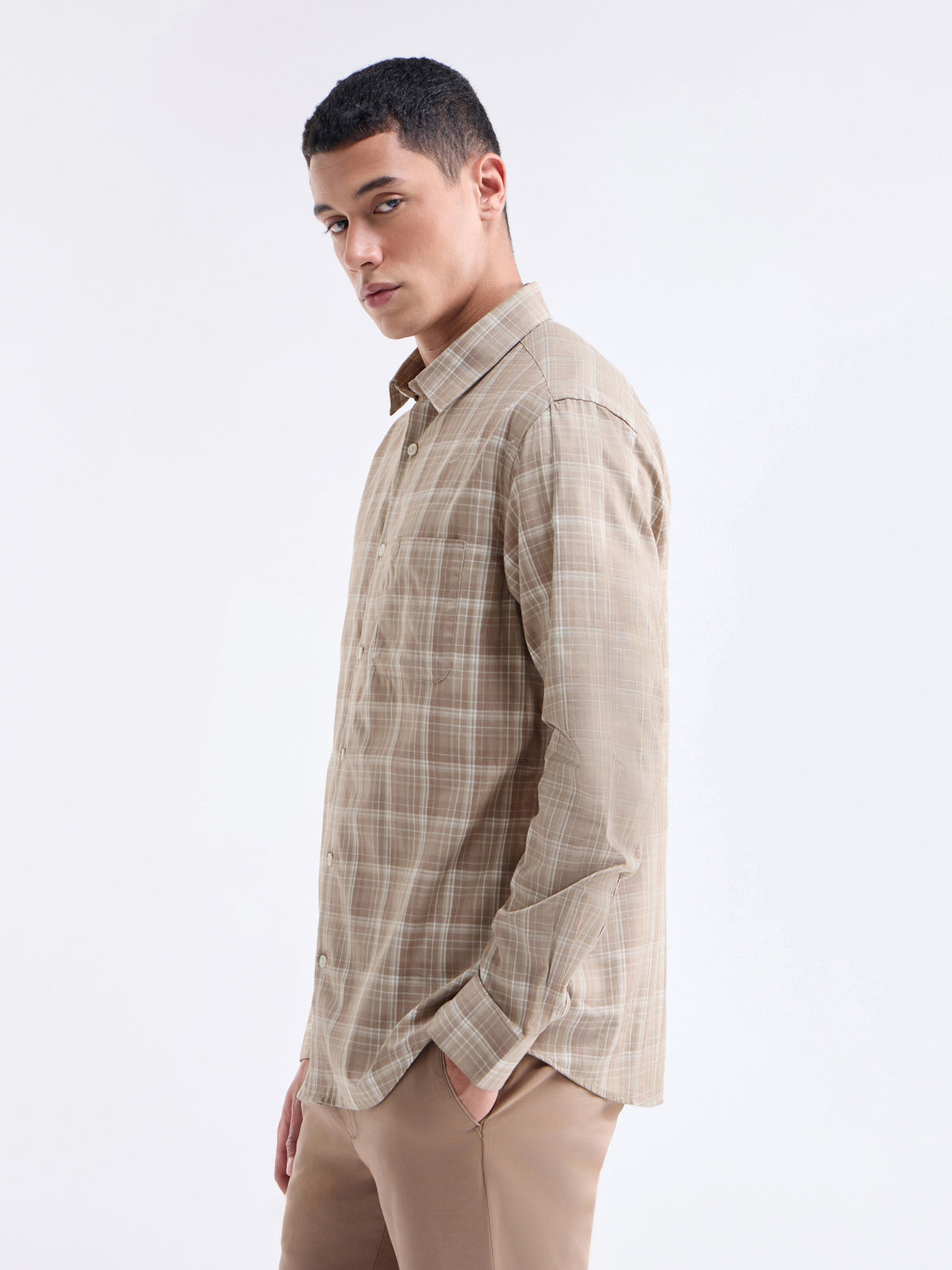 Check Full Sleeve Cotton Shirt - Khaki Mel t4option_0