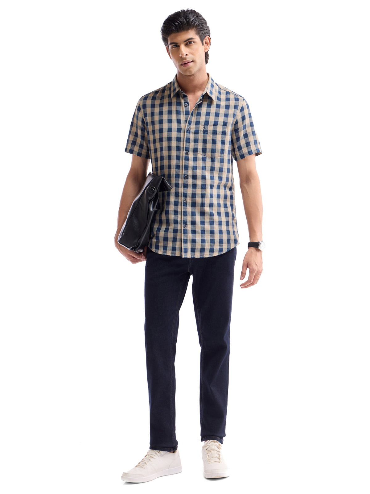 Check Half Sleeve Cotton Linen Shirt - Navy t4option_1
