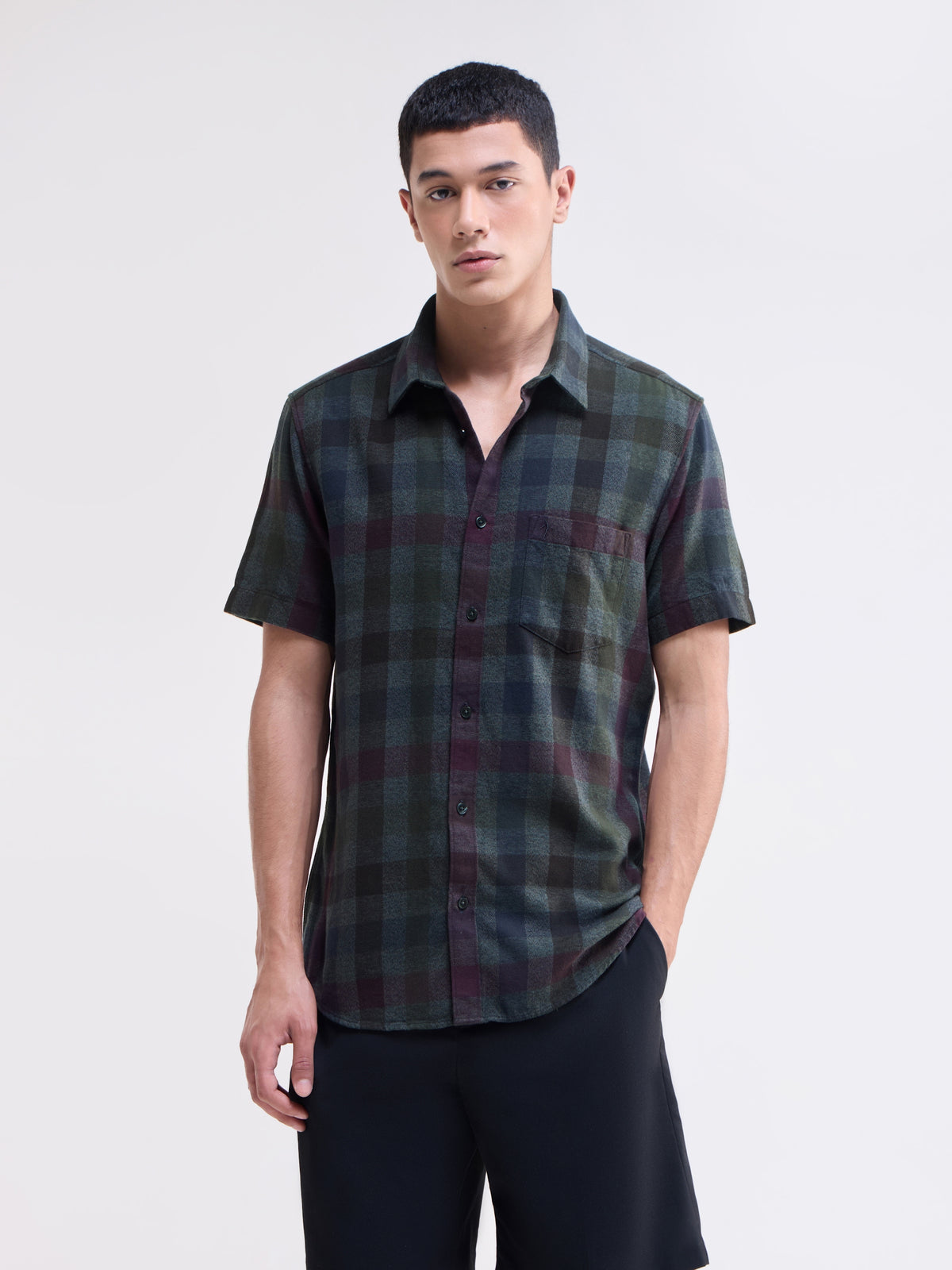 Check Half Sleeve Cotton Shirt - Olive t4option_0