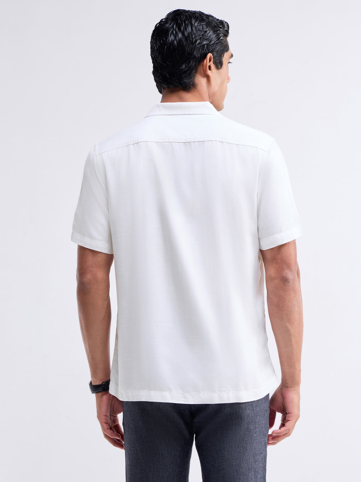 Solid Half Sleeve Tencel Rayon Linen Shirt - White t4option_0