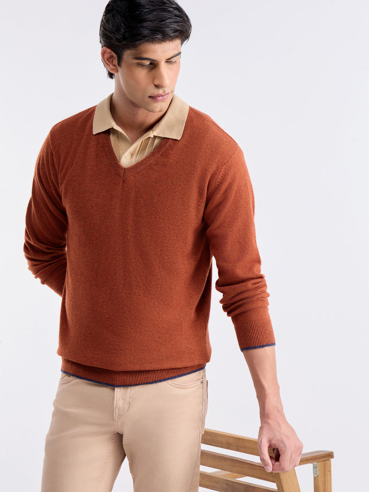 Solid Full Sleeve Crew Neck Sweater - Rust t4option_1
