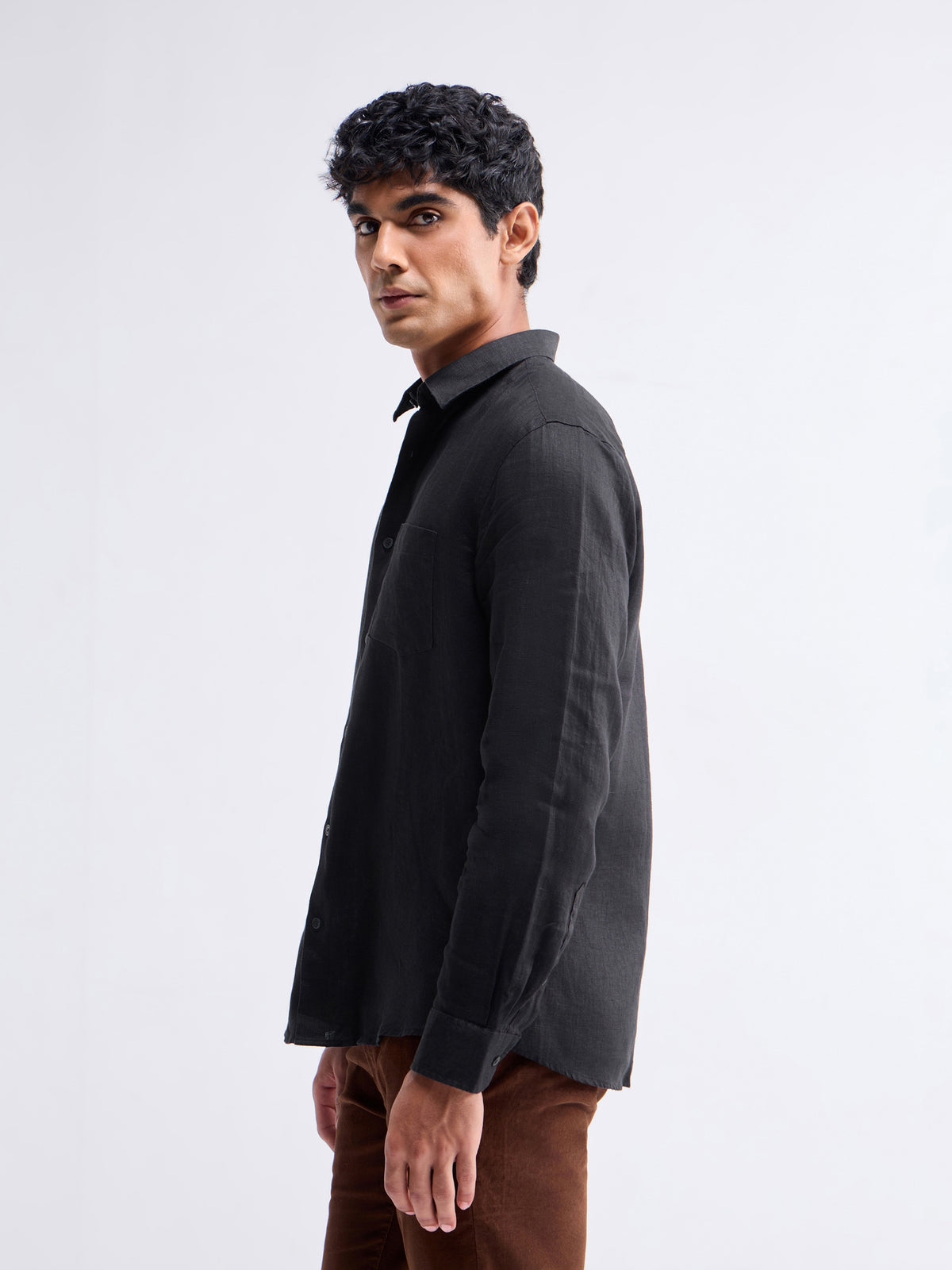 Solid Full Sleeve Linen Shirt - Black t4option_1