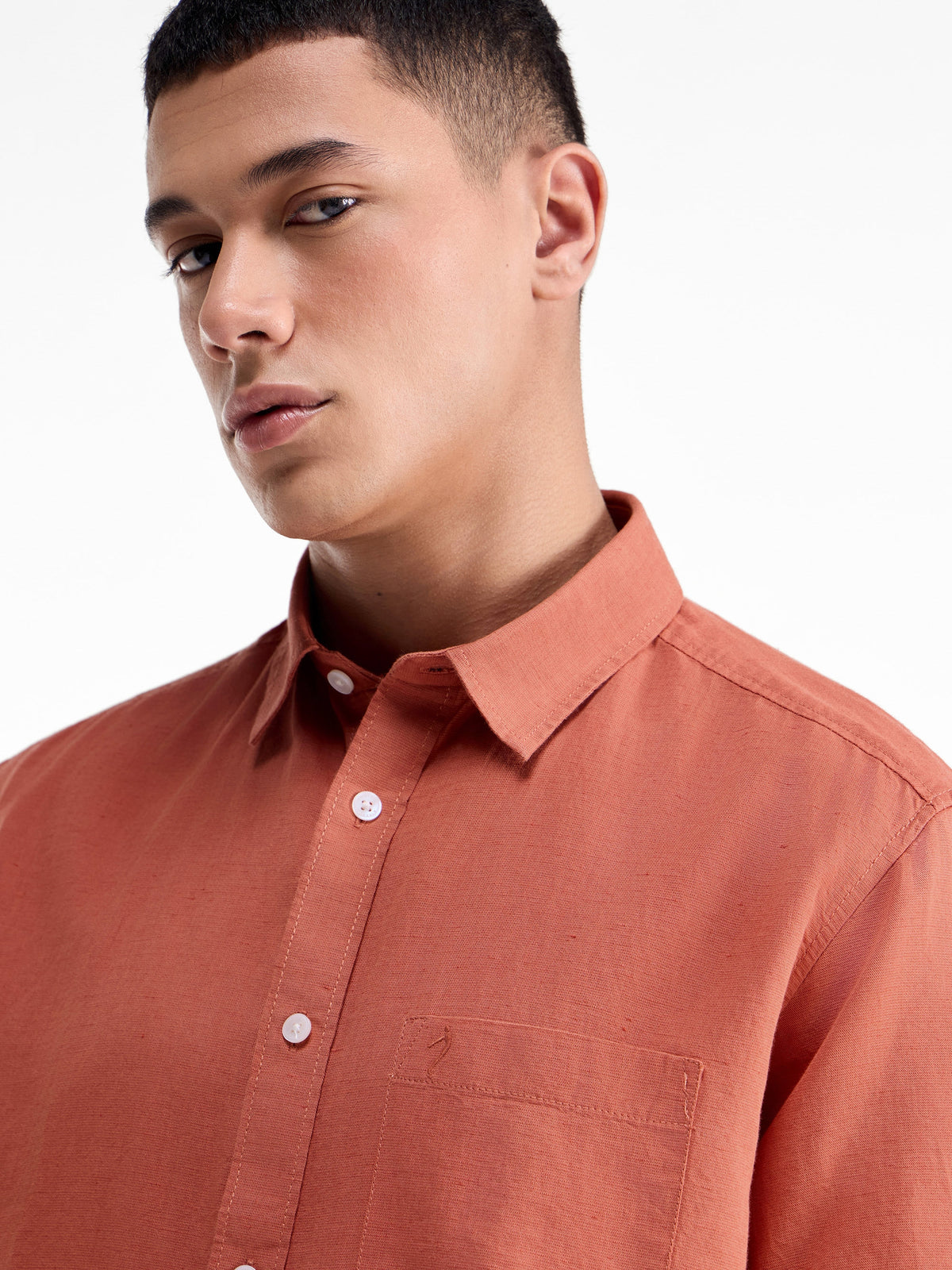 Solid Half Sleeve Cotton Linen Shirt - Rust t4option_4