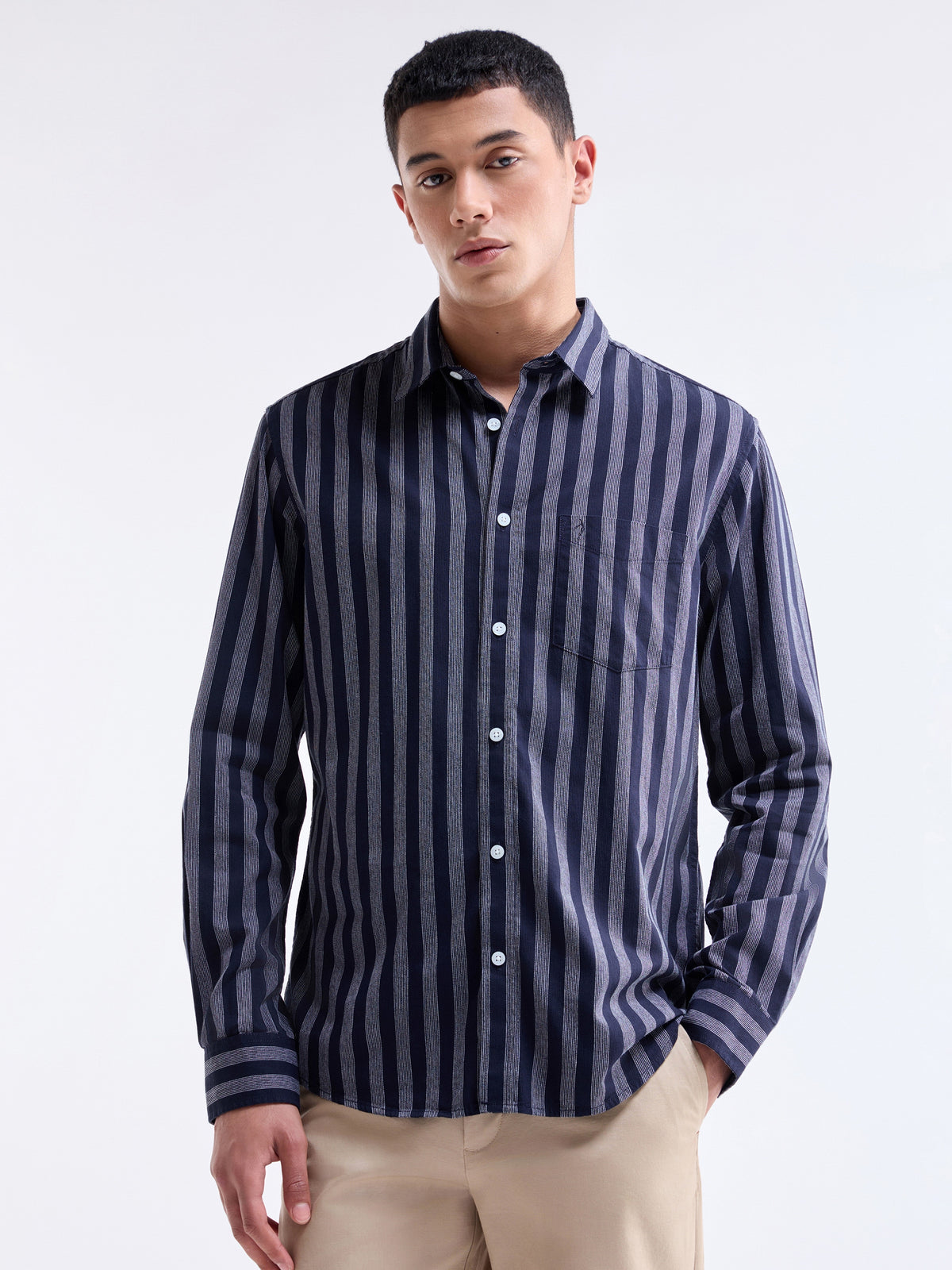 Striped Full Sleeve Cotton Shirt - Navy t4option_0