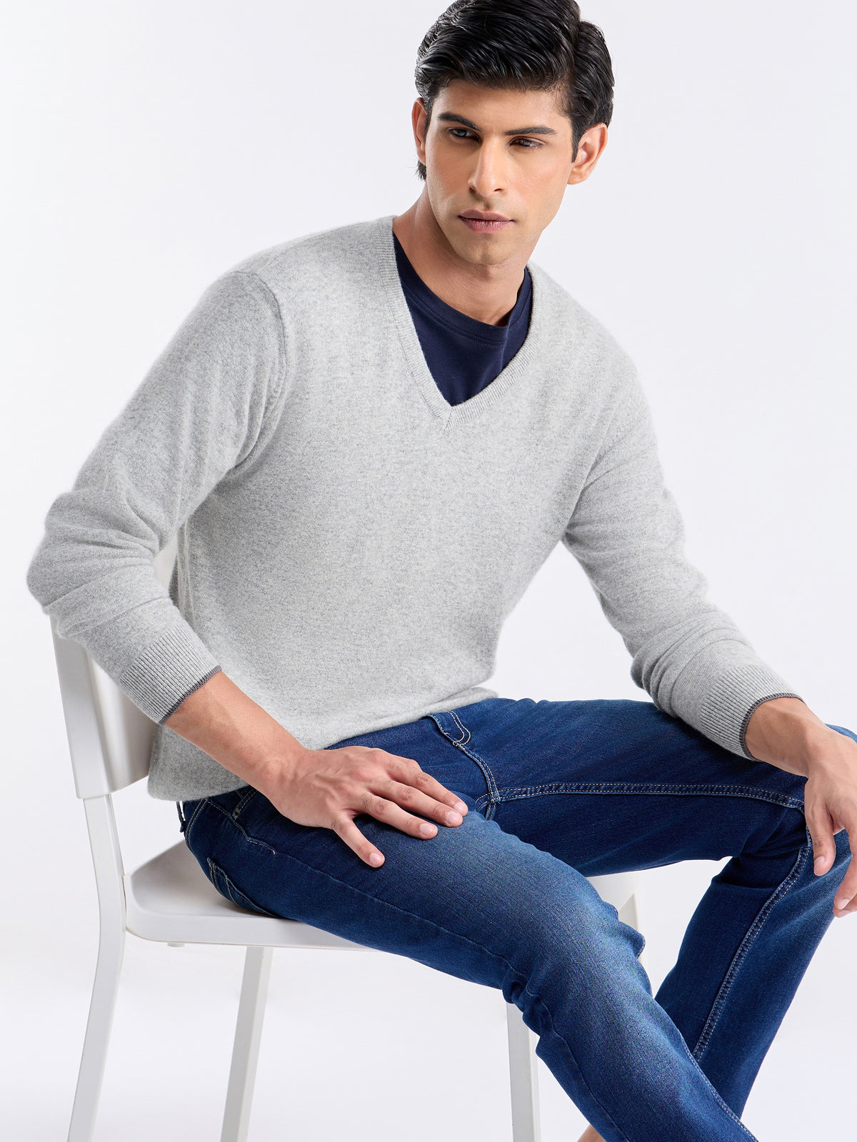 Solid Full Sleeve Crew Neck Sweater - Lt Grey M. t4option_2