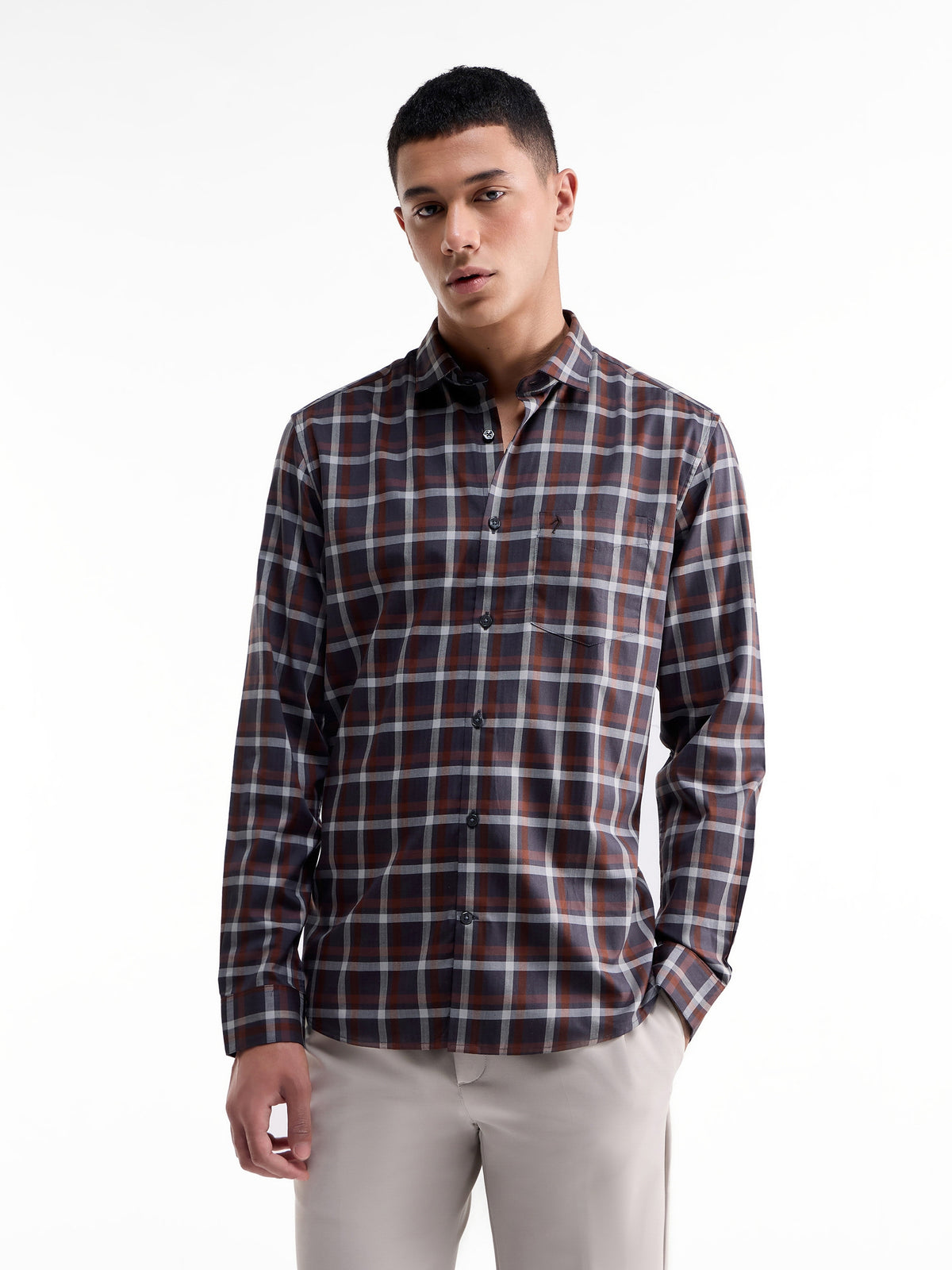 Check Full Sleeve Cotton Shirt - Dark Brown t4option_0
