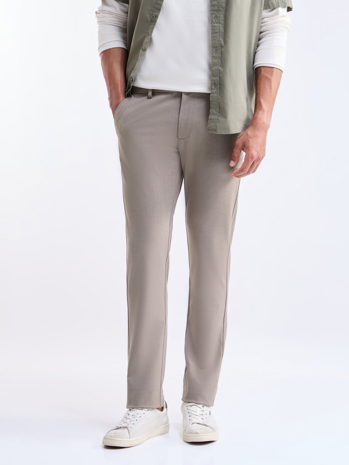 Slim Fit Poly Viscose Trouser - Khaki Mel t4option_3