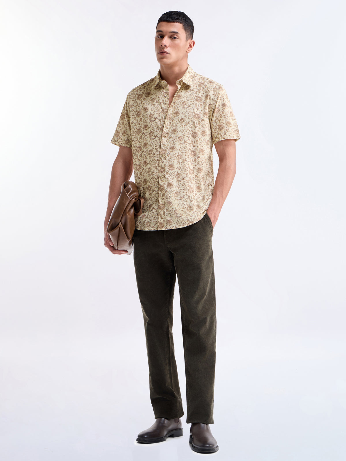 Printed Half Sleeve Cotton Shirt - Ecru t4option_0