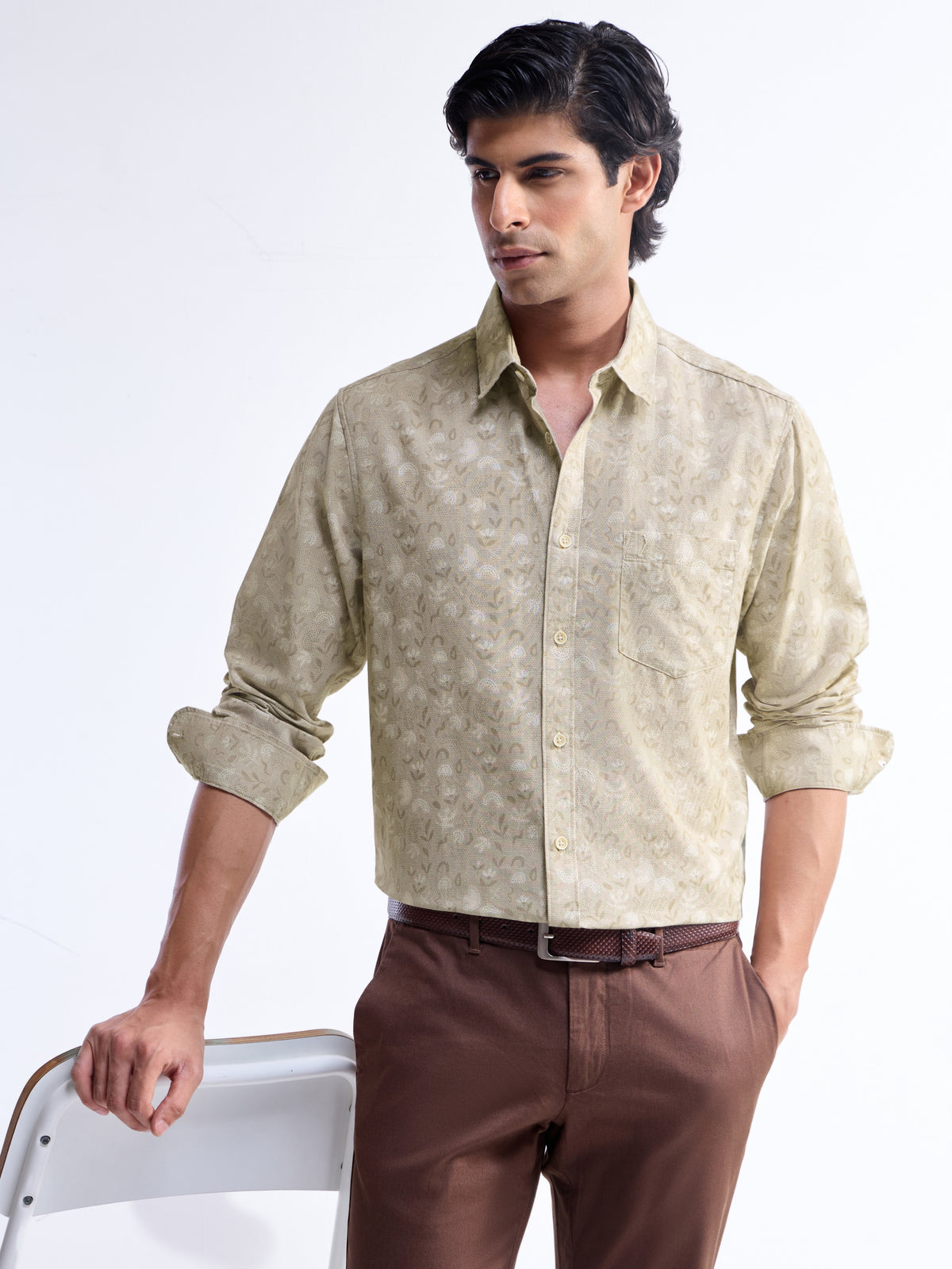 Printed Full Sleeve Cotton Linen Shirt - Khaki t4option_0